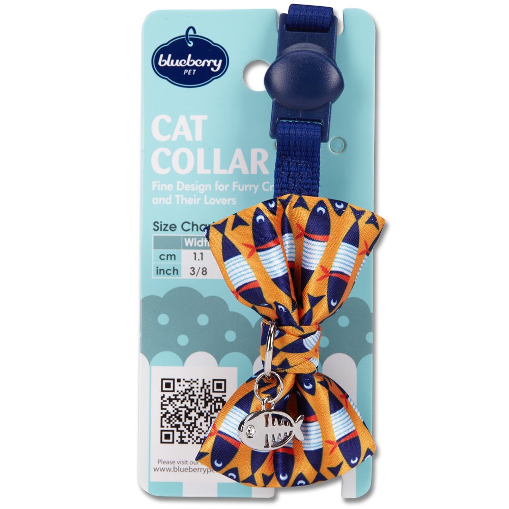 Blueberry Pet Timeless Navy Blue Cat Collar With Bells, Chic Fish Print, Handmade Bow Tie, Christmas Cat Collar, Adjustable 9'-13', Eco-Friendly, Preciosa Crystal, Gift For Cat Lovers