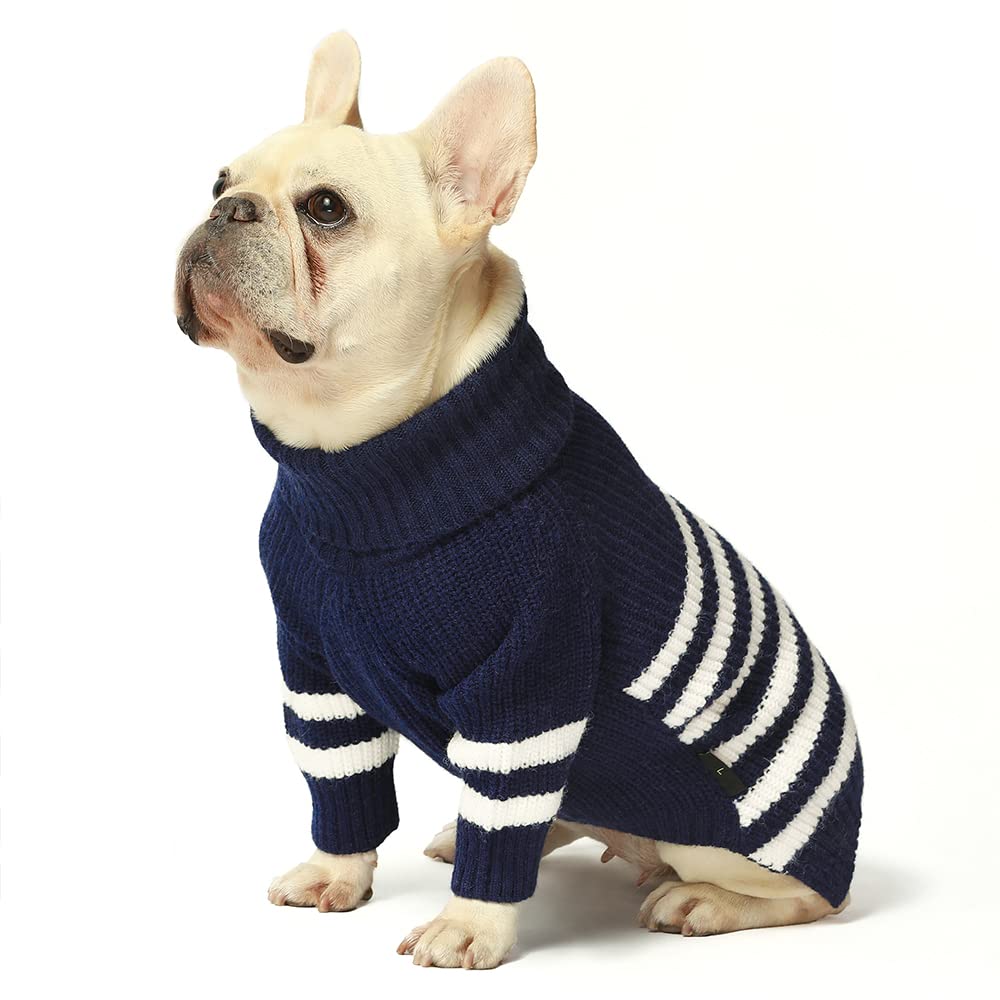 Fitwarm Dog Striped Knitted Sweater, Thermal Turtleneck Pet Coat, Dog Winter Clothes For Small Dogs Boy Girl, Cat Apparel, Navy 