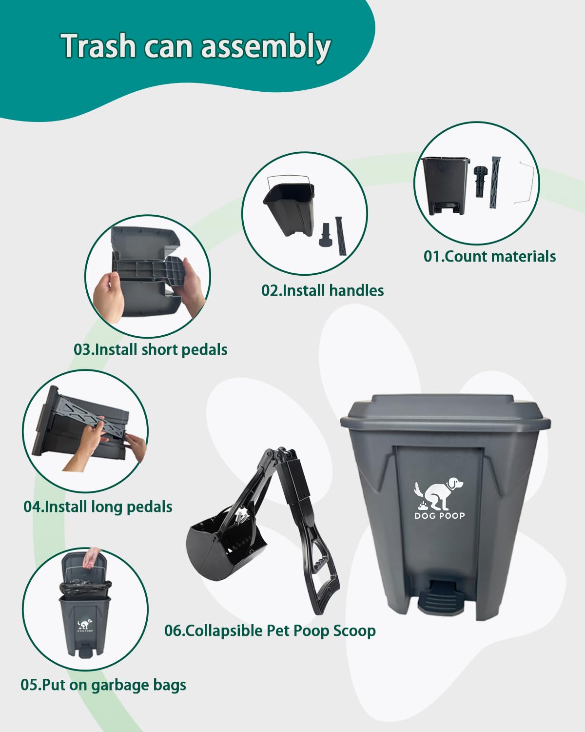 AkoSlale 20L Dog Poop Trash Can with Foot Pedal, 100 Waste Bags & Black Collapsible Pet Poop Scoop - Complete Pet Waste Disposal