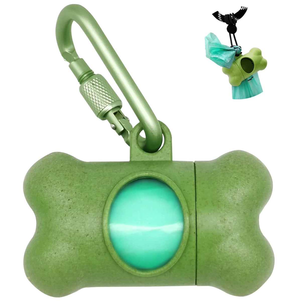 Dog Poop Pickup Bags Holder Dispenser With 1 Roll Random Color Leak-Proof Scented Doggy Waste Bags And Carabiner With Safety Lock Plus Hook And Loop Fastener Never Loose On Leash Lead Again (Green)