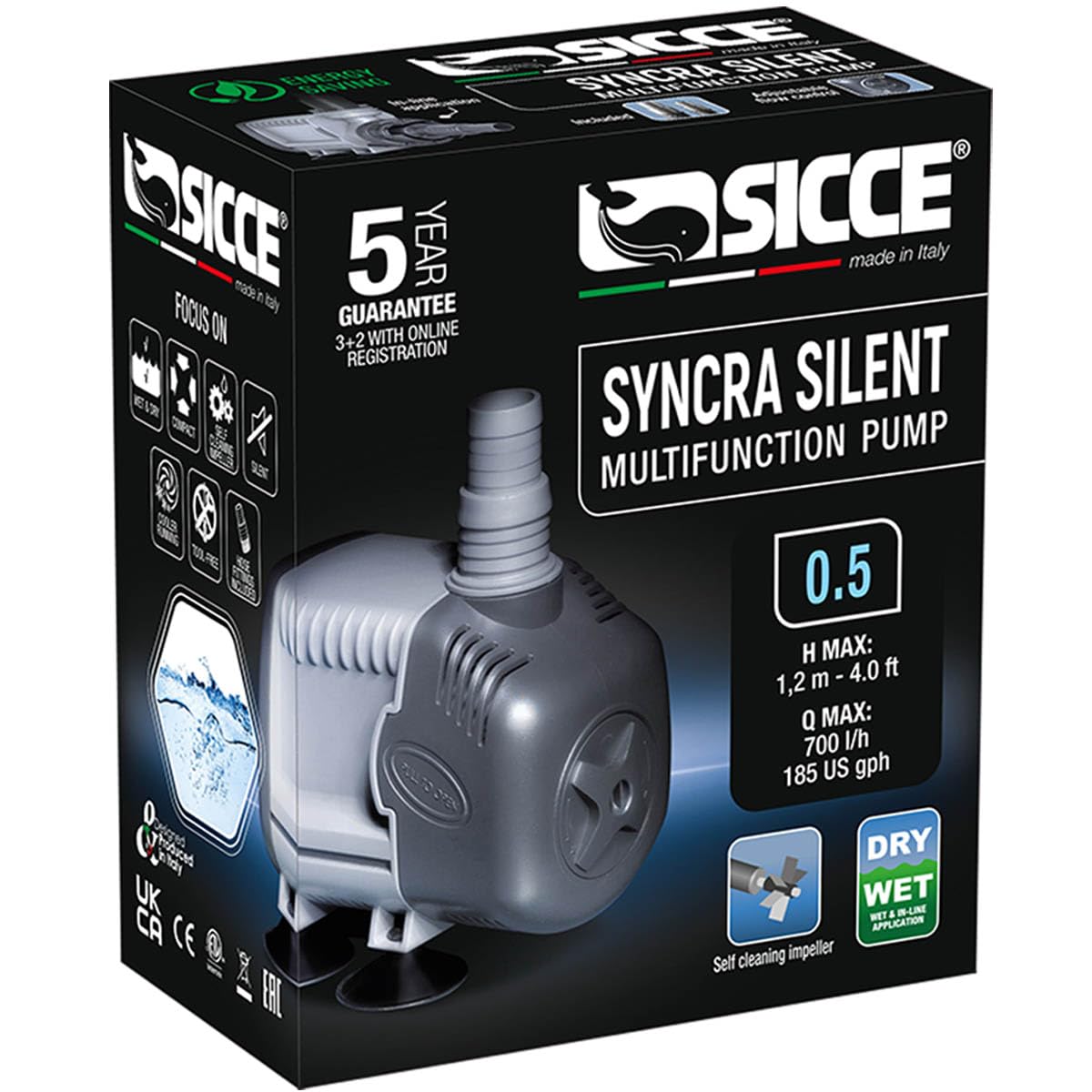 Sicce Syncra Silent 0.5 Multifunction 185 Gph Submersible Water Pump | Italian Made 8W Ultra Quiet Durable For Aquarium Fish Tank, Fountain, Pond, Hydroponics, Terrarium Black | Freshwater & Saltwater