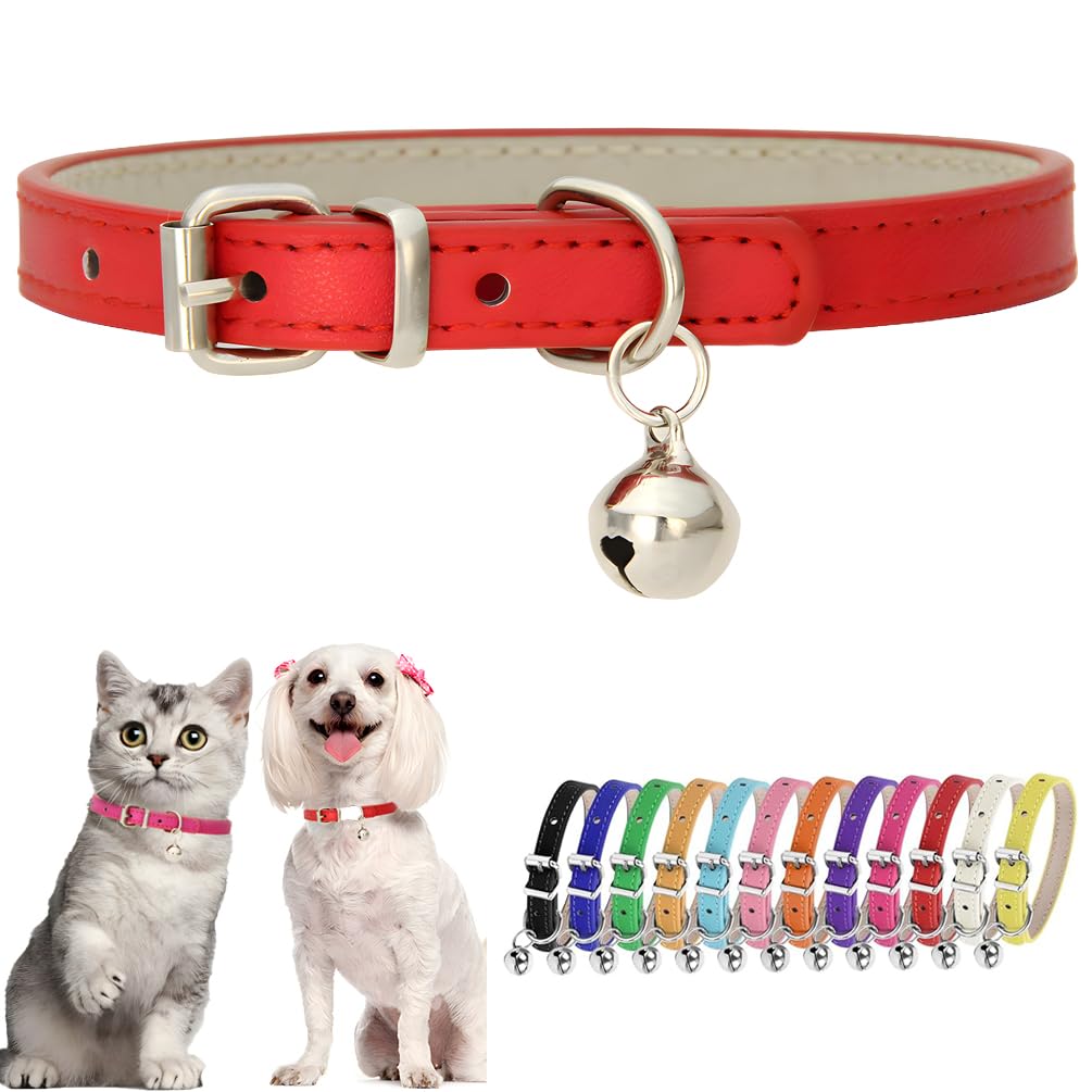Red Puppy Collar With Bell Girls Pu Leather Small Dog Collars For Female Dogs Adjustable Buckle Kitten Cat Collar With Bells For
