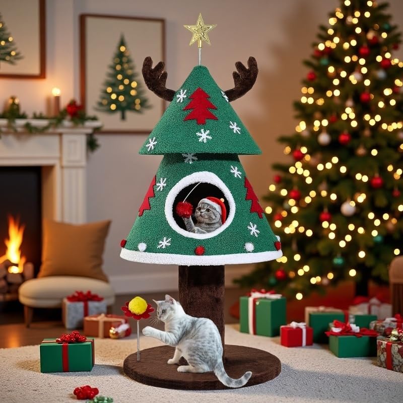 DWVO Christmas Cat Tree, 47.2in Christmas Tree Cat Tower with Teaser Plaything, Kitty Tree for Indoor Small Cats