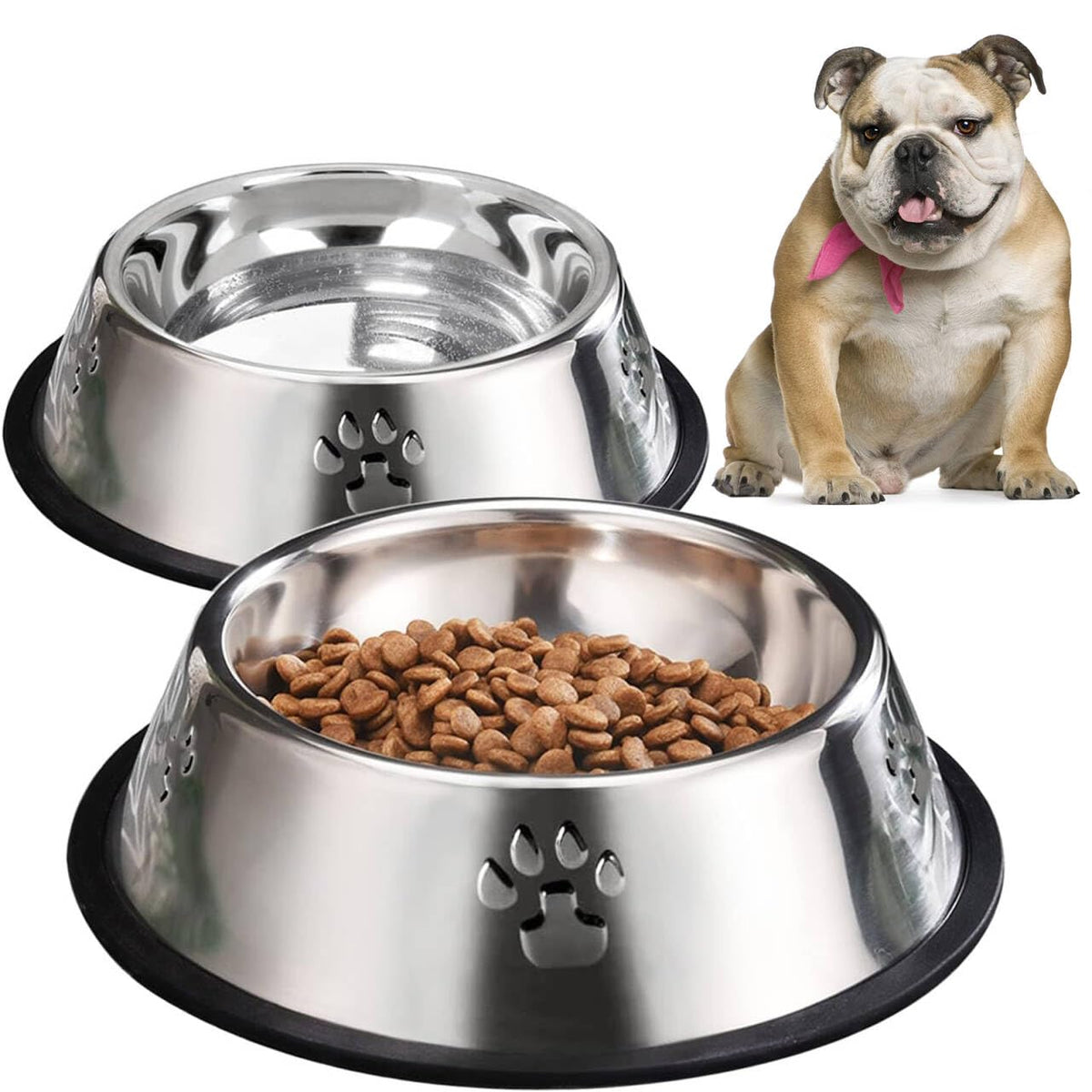 YUDANSI 2 Stainless Steel Dog Bowls, Dog Feeding Bowls, Dog Plate Bowls with Rubber Base, Medium and Large Pet Feeder Bowls and 