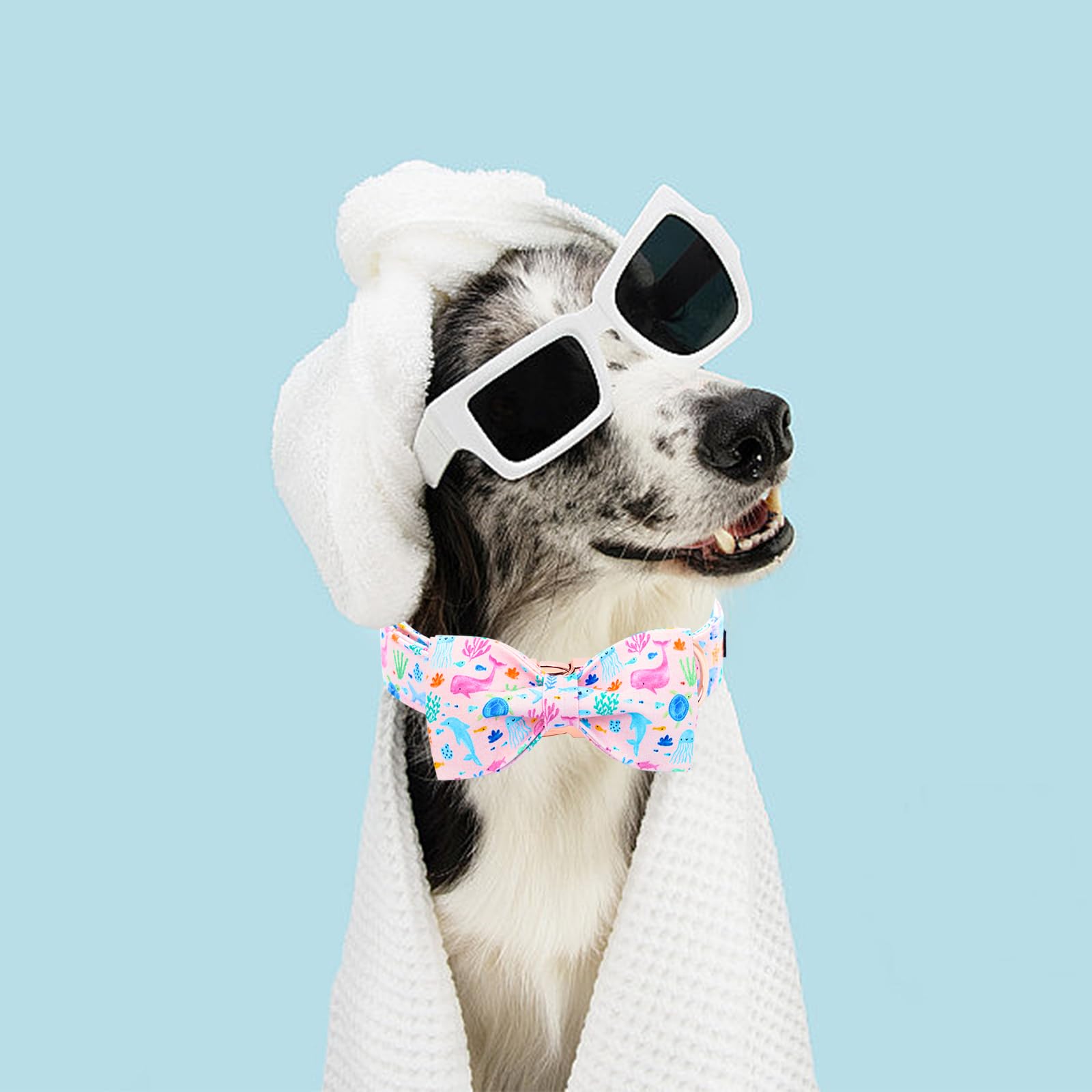 Lionheart Glory Dog Bow Collar Sea Animals Print Pink Dog Collar For X-Large Dogs,Female Male Dog Collars With Bowtie Spring Sum