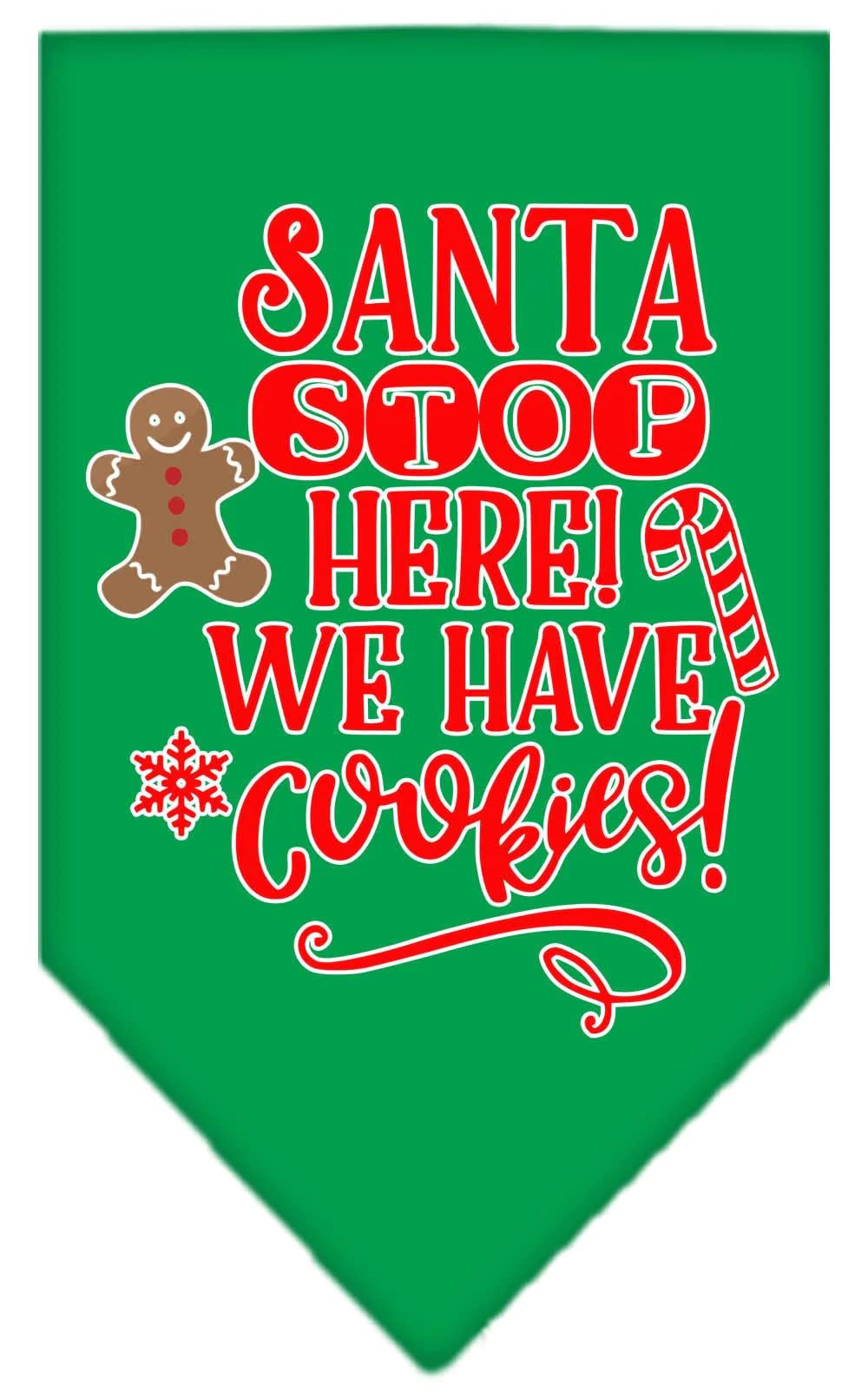 Christmas Pet and Dog Bandana Screen Printed, "Santa, Stop Here! We Have Cookies!" Emerald Green Small