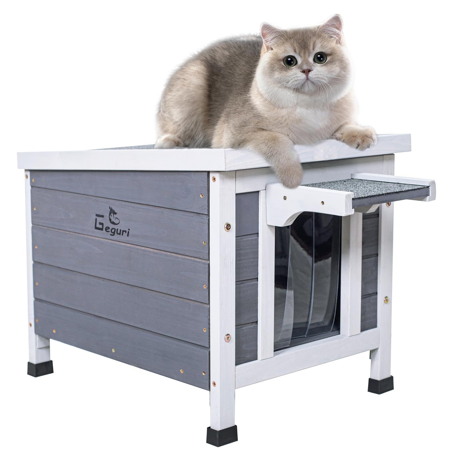 Geguri Outdoor Cat House, Weatherproof Shelter For Ferrel Cats, Dogs, Rabbits Hutch With Elevated Floor, Asphalt Roof