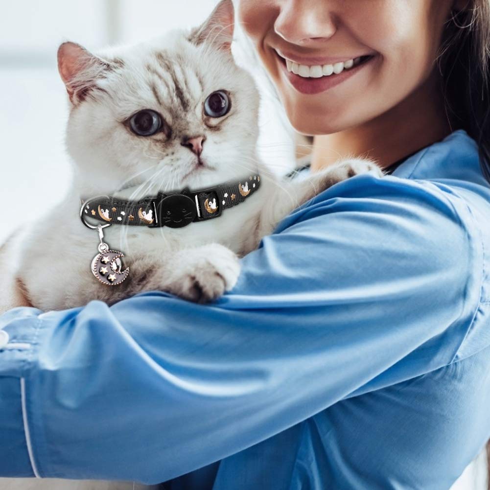 2Pcs Breakaway Cats Collars Cat Collars For Boy Cats Moons Adjustable Kitten Collars With Bell & Pendant Glow In The Dark,Black+