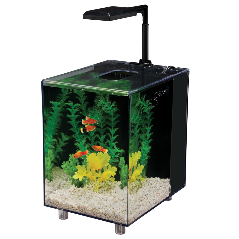 Penn-Plax Water-World Prism Nano Aquarium Kit – Includes Integrated Filter, 2 Filter Media Cartridges, Telescoping Led Light, And Tinted Cover – 2 Gallons – Black