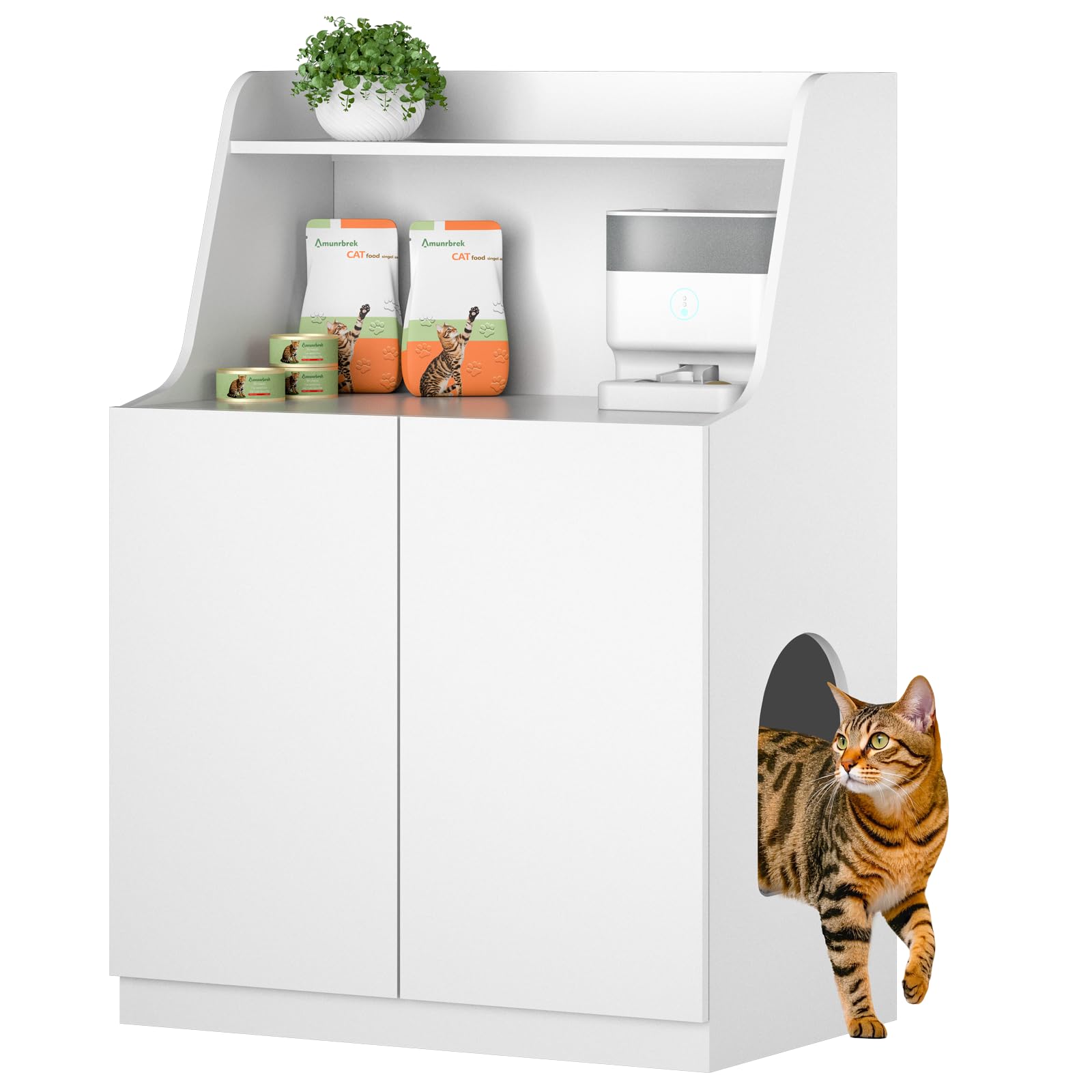 Amunrbrek Large/Tall Litter Box Enclosure, Modern Wooden Litter Box Furniture for XL Litterbox with Open Shelf as Sideboard Cabi