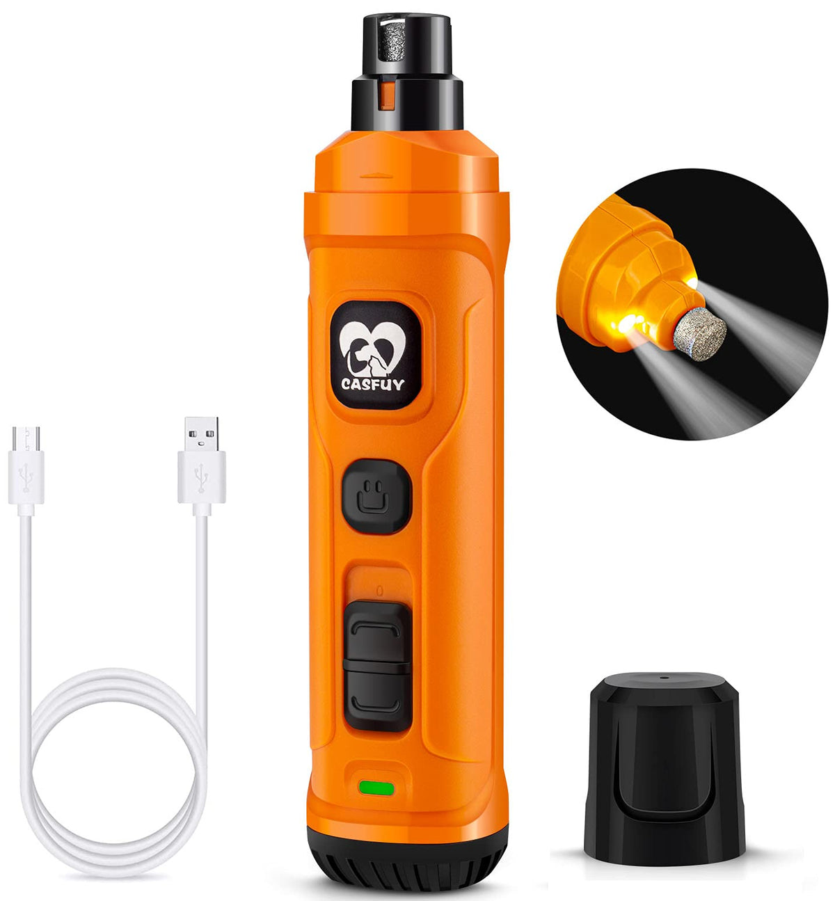 Casfuy Dog Nail Grinder With 2 Led Light - New Version 2-Speed Powerful Electric Pet Nail Trimmer Professional Quiet Painless Paws Grooming & Smoothing For Small Medium Large Dogs And Cats (Orange)