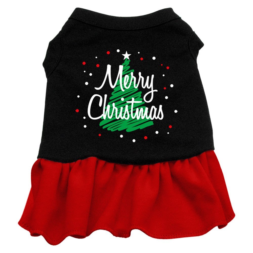 Christmas Pet Dog & Cat Dress Screen Printed, Scribble Merry Christmas Black W/Red MD (6-10 lbs.)