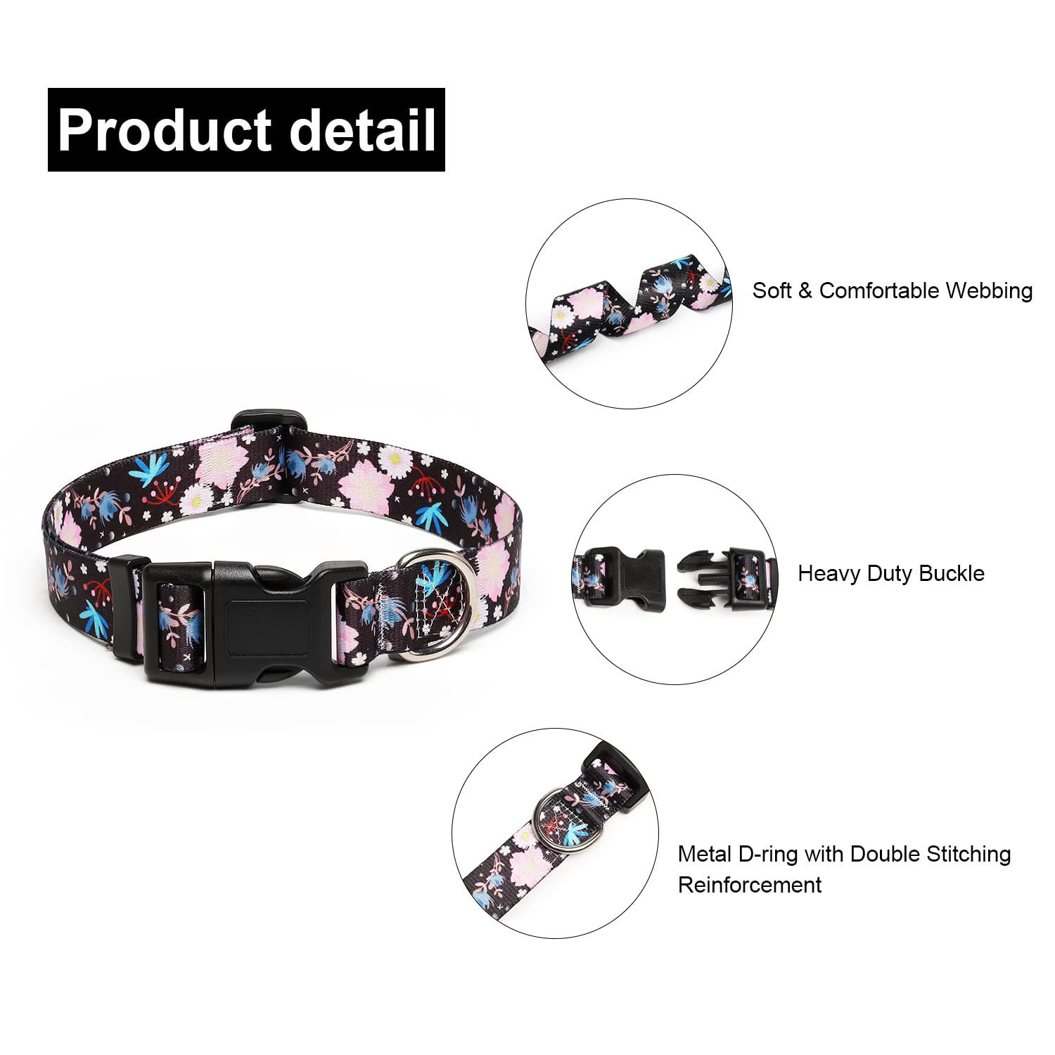 Suredoo Adjustable Dog Collar With Patterns, Ultra Comfy Soft Nylon Breathable Pet Collar For Small Medium Large Dogs (L, Light Pink Flower)