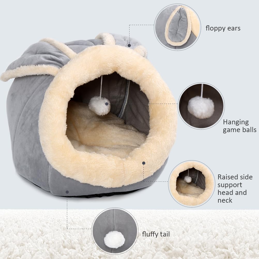 Cat Beds For Indoor Cats - Rabbit-Shaped Cat Cave Bed With Hanging Toy,Super Soft Calming Pet Bed For Kitten&Puppy,Small Dog,War