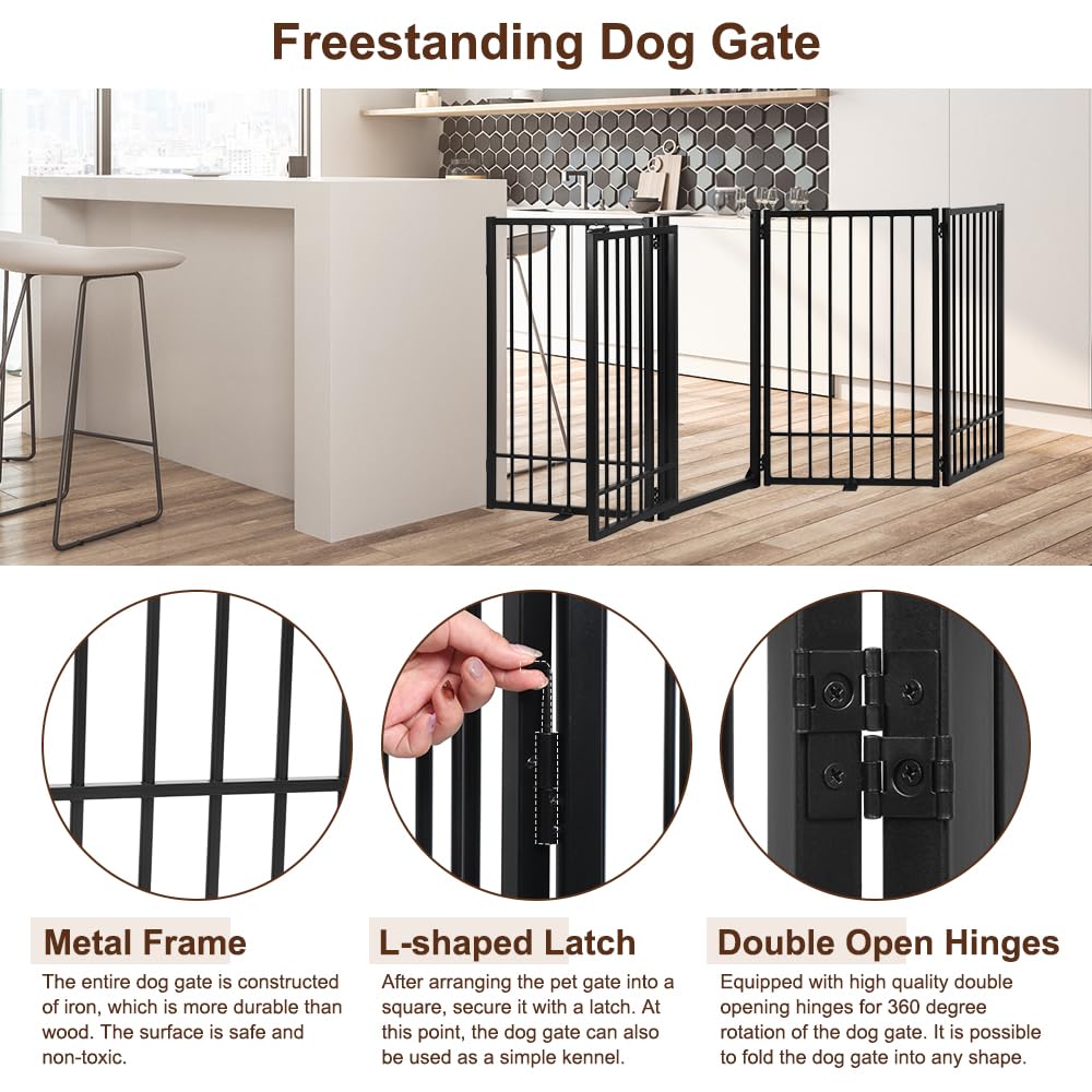 Hidog Metal Freestanding Dog Gate With Door, Extra Wide 81', 31' Height Foldable Dog Gates For Doorways, Tall Pet Fence Indoor