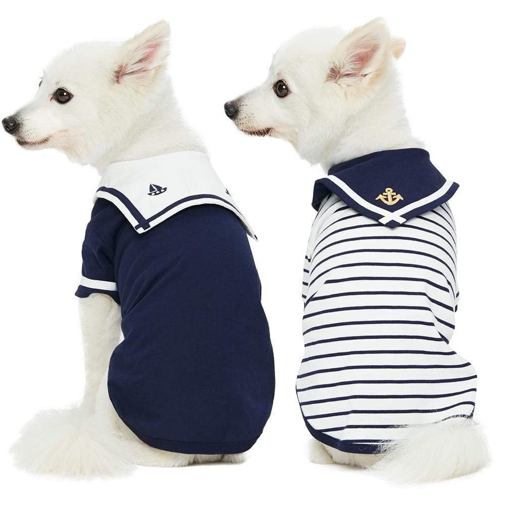 Blueberry Pet Soft & Comfy Summer Vacation Beach Cotton Dog T-Shirts, Navy Blue, 2 Pack, Sailor Suit Shirts Tank Top Clothes, Ba