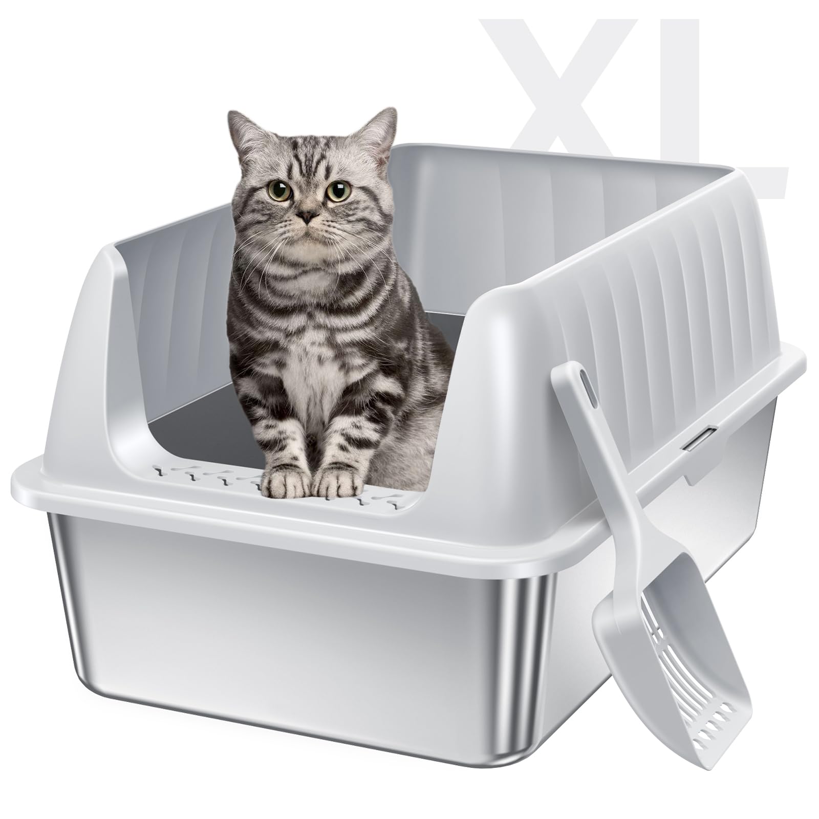 Stainless Steel Litter Box With Lid, Extra Large Metal Litter Box Pan With Scoop For Cats High Sided, Non-Sticky, Anti-Urine Lea