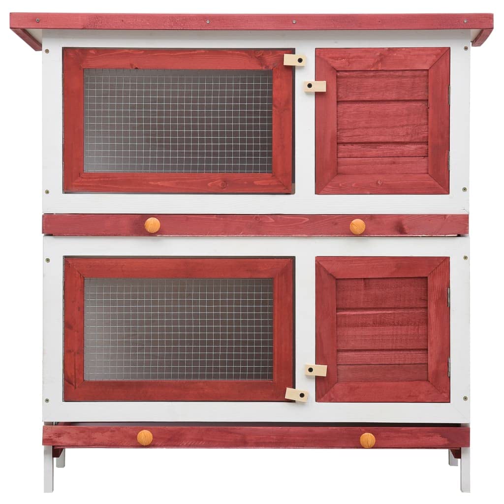 'vidaXL Outdoor Red Wooden Rabbit Hutch with 4 Doors, Iron Wire Mesh and Two Layers- Durable, Spacious, and Weather-Resistant Pet Shelter