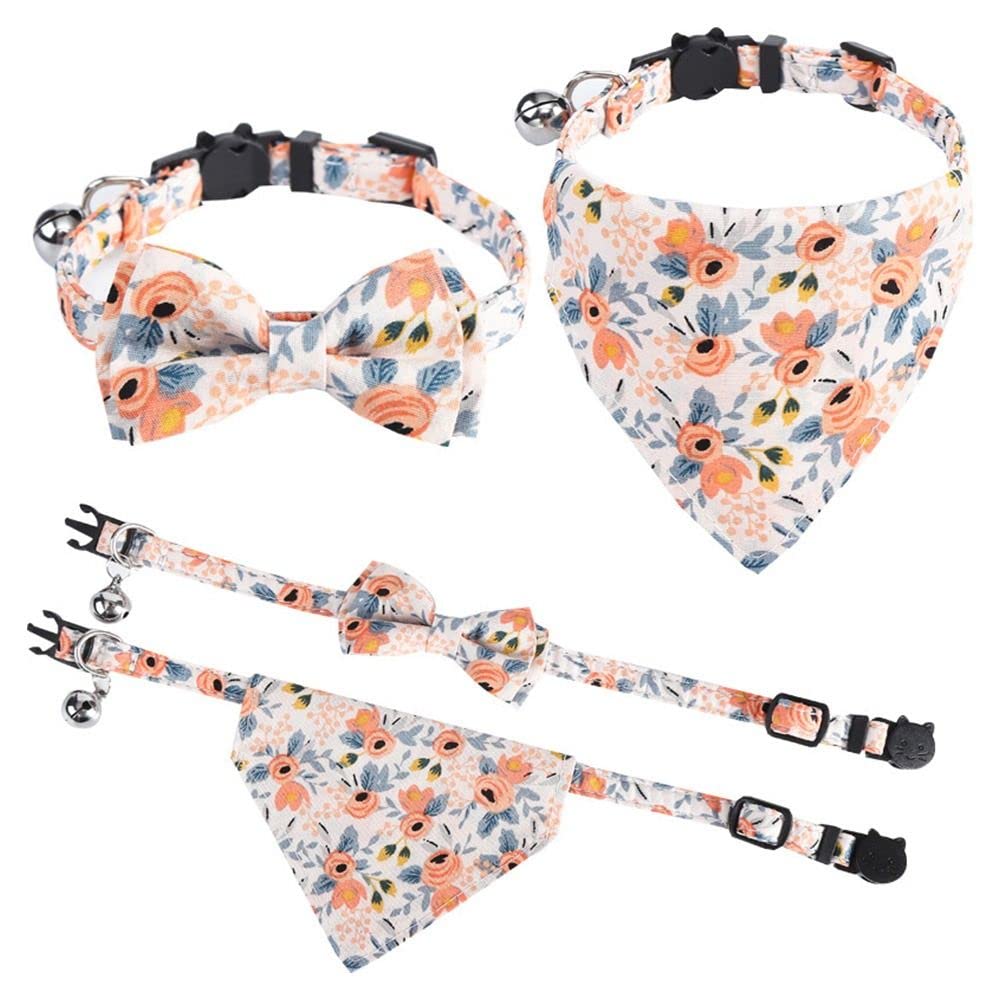 Homesogood 2 Pcs Cat Collar Breakaway With Removable Bowtie,Cat Accessories Flower Pattern Cat Bandana Dog Collar