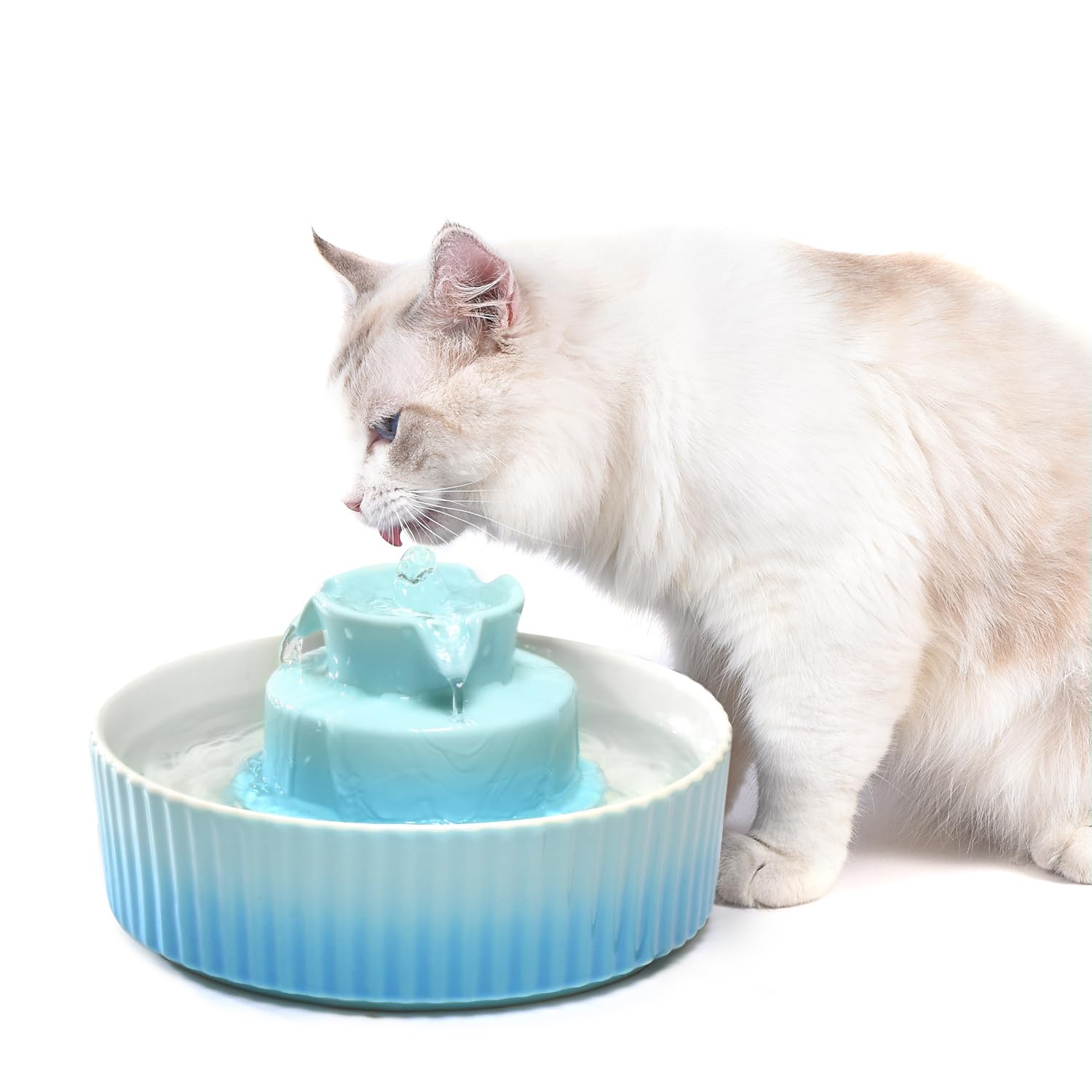 2.1L Ceramic Cat Water Fountain-for Cats and Dogs, 360 Ceramic Pet Fountain-70 Oz Large Water Capacity - Whisper-Quiet Water Flo