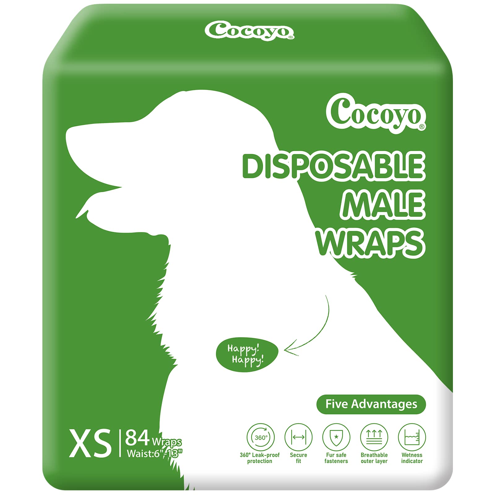 Cocoyo Disposable Male Dog Wraps, Extra Small Size, 84 Count, Super Absorbent, Breathable, Wetness Indicator Green