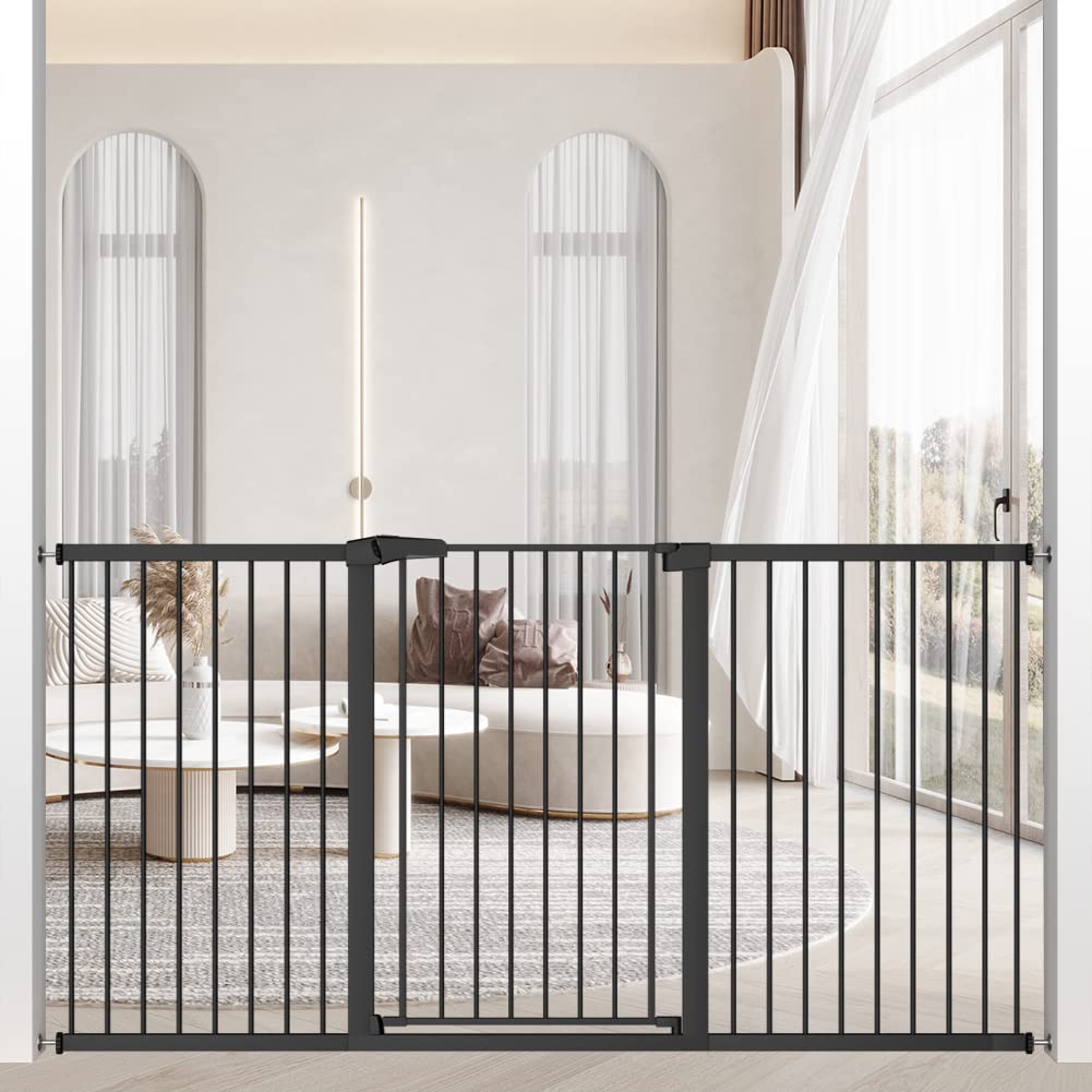 38.5' Extra Tall Dog Gate 73.62'-76.38' Wide - Long Large Pressure Mounted Baby Gates With Door For The House Stairs Doorway - Walk Through Toddler Puppy Pet Safety Fence Gate Black