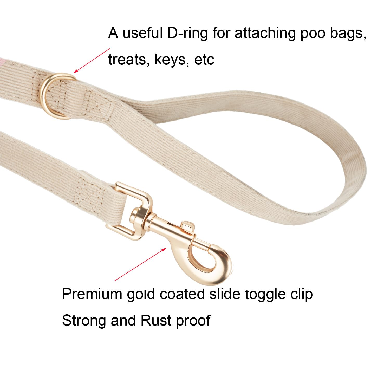 Ewinoom Soft Corduroy Dog Collar and Leash Set, Adjustable Cotton Dog Collars with Metal Buckle and Lead for Medium Dogs,Beige