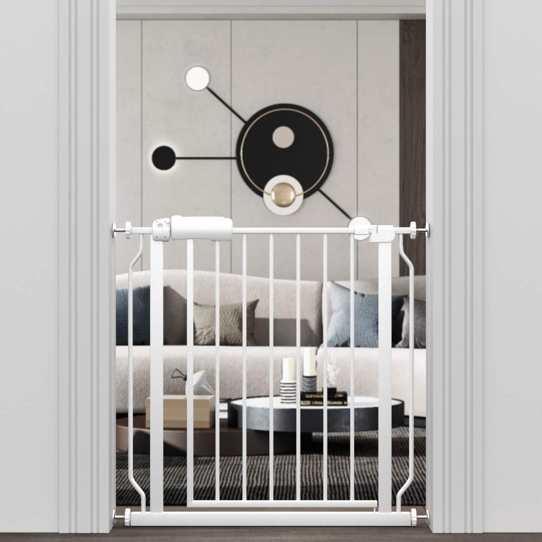 Allaibb Narrow Walk Through Baby Gate Auto Close Tension White Metal Child Pet Safety Gates With Pressure Mount For Stairs,Doorways And Baniste 24.2-27.56 In(29.13-33.86'/74-86Cm)