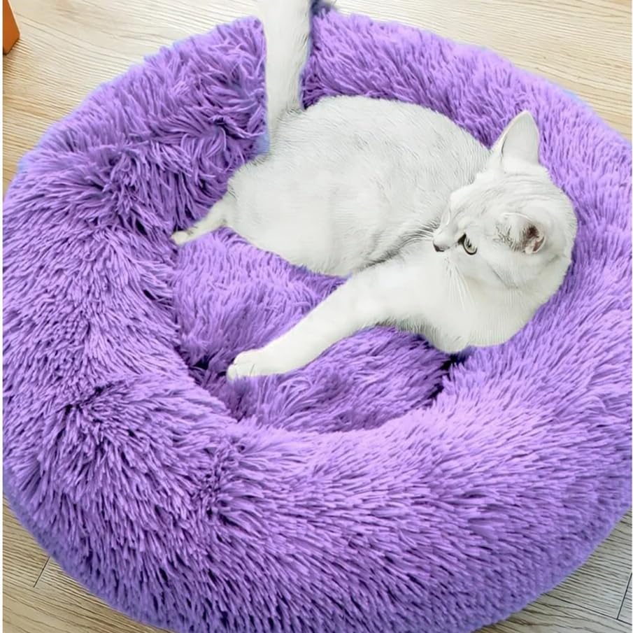 Cat Beds For Indoor Cats - Cat Bed Washable 20/24 Inches, Dog Beds For Small Medium Dogs, Anti Anxiety Round Fluffy Plush Faux Fur Cat Bed, Thick Bottom (Purple, Medium)