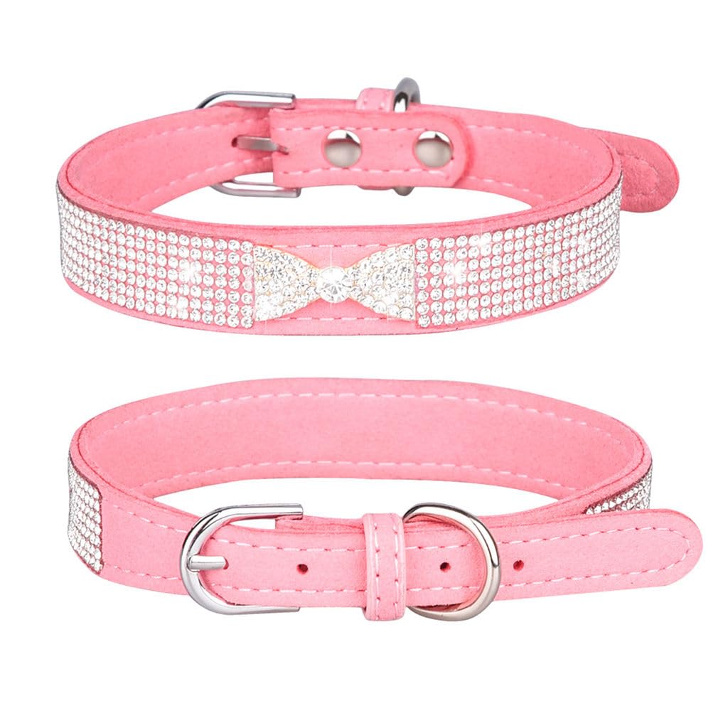 Pink Rhinestone Dog Collars For Small Dogs, Pretty Bow Crystal Bling Cat Collars Glitter Jeweled Sparkly Diamond Girl Puppy Coll