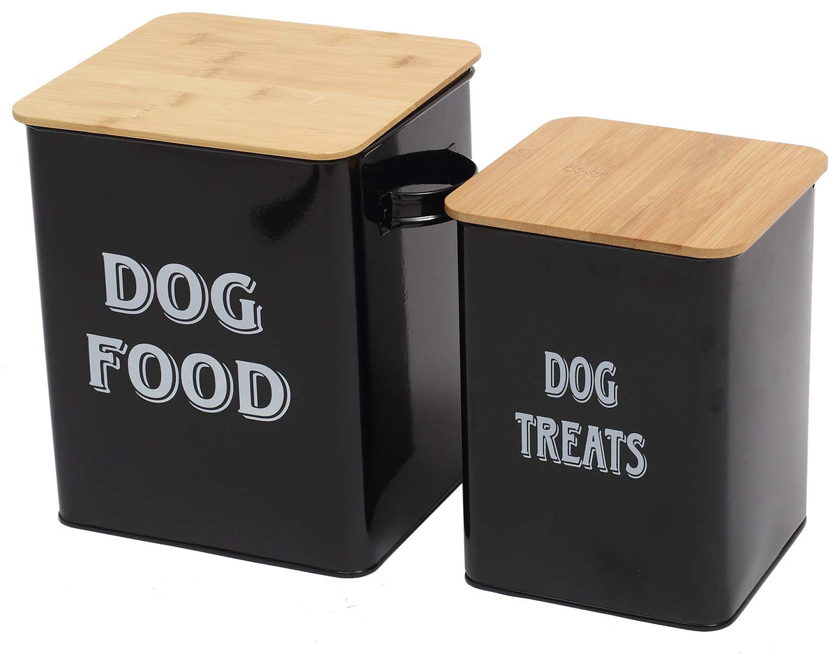 Pethiy Dog Food And Treats Storage Tin Containers Set With Scoop For Dogs-Tight Fitting Wood Lids-Coated Carbon Steel-Storage Canister Tins-Black