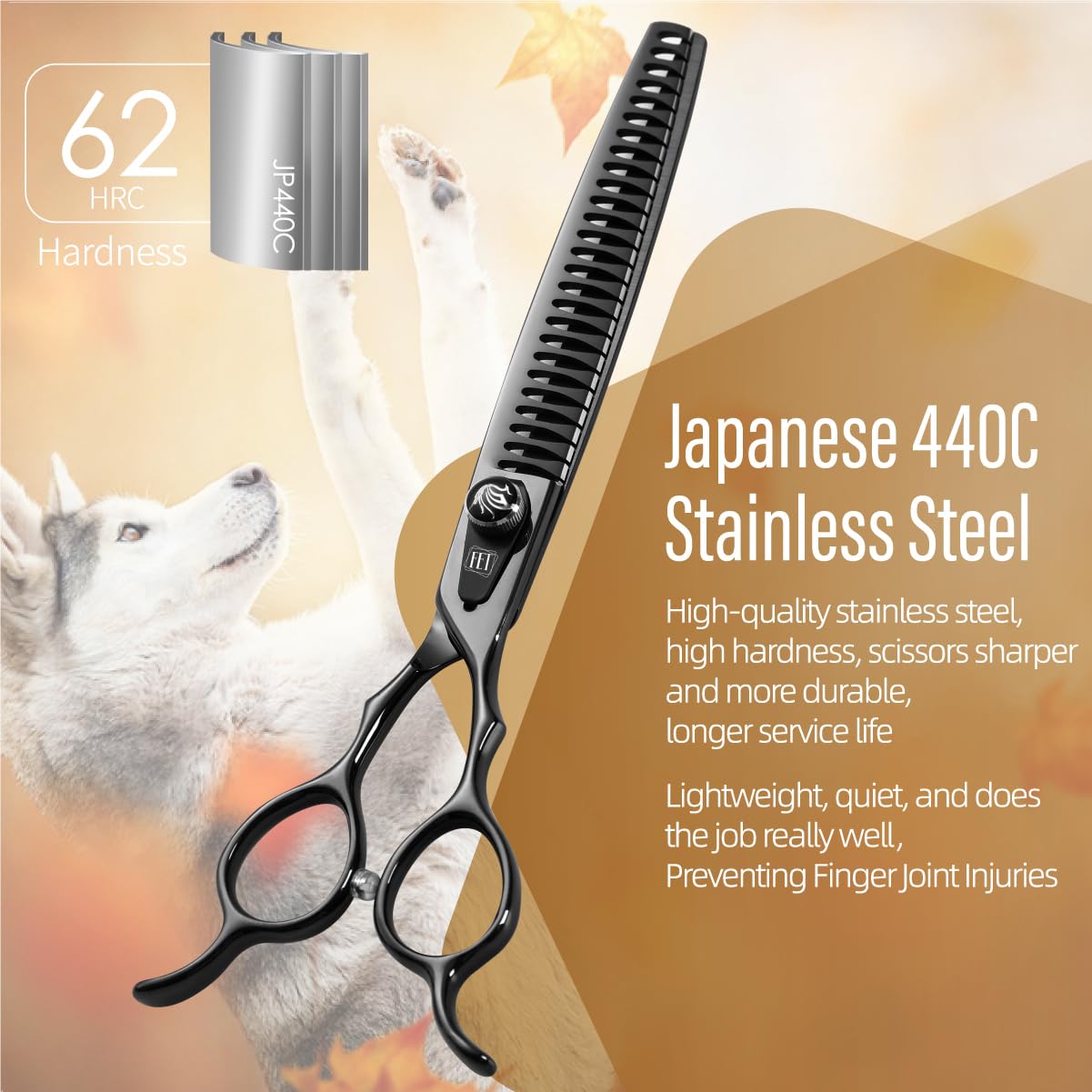 Fenice Totem Dog Grooming Scissors: 8.0 Inch Bright Black Pet Chunker Shears Made Of Japanese 440C Advanced Stainless Steel Prof