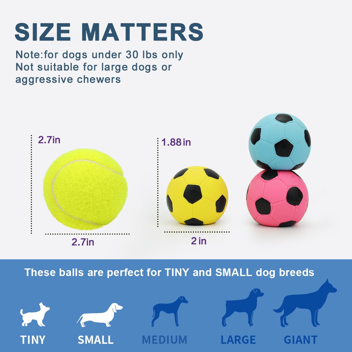 Pawdoer Squeaky Dog Ball - Soft Natural Latex Rubber Toy for Small Dogs - 2.0″ Soccer Ball - Perfect for Play & Fetch - 3 Pack