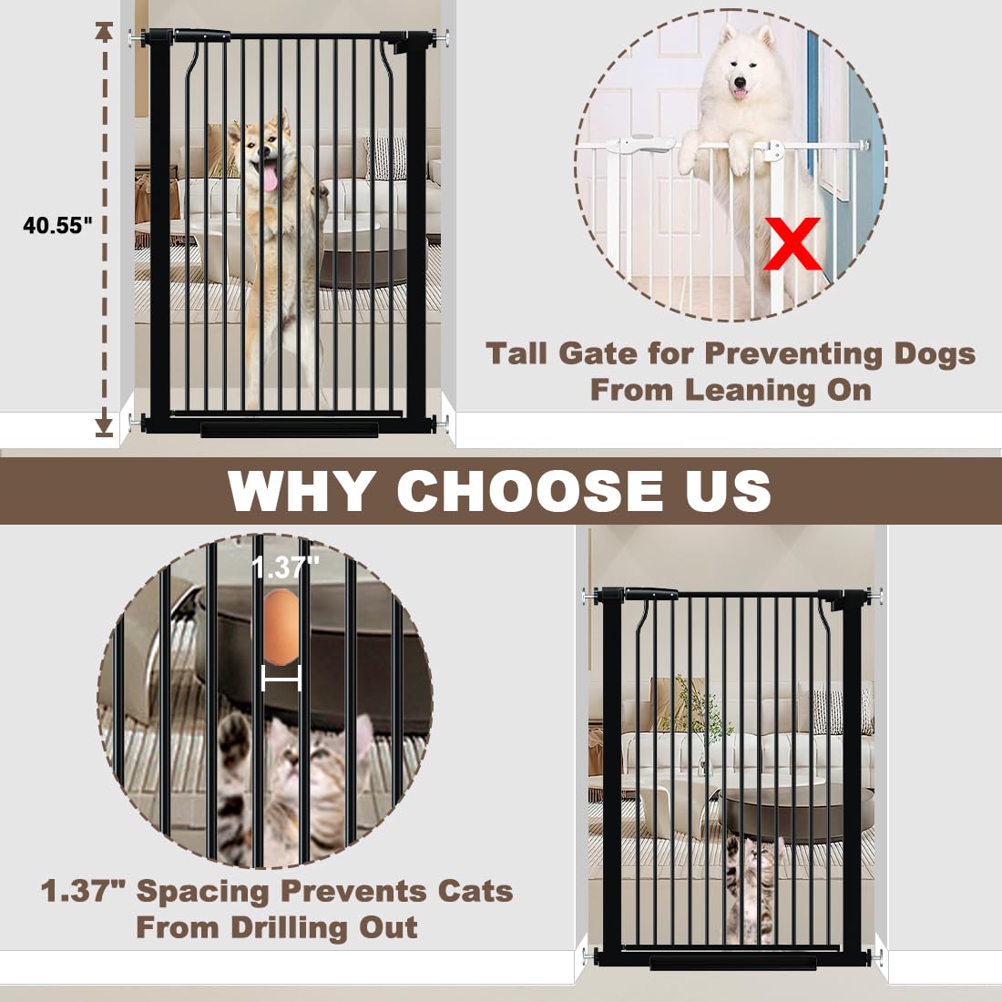 THEYFIRST Extra Tall Dog Gate 40.55" for Doorways, Pressure Mounted, 63"-65.7" Wide, Metal, Black, Model W385
