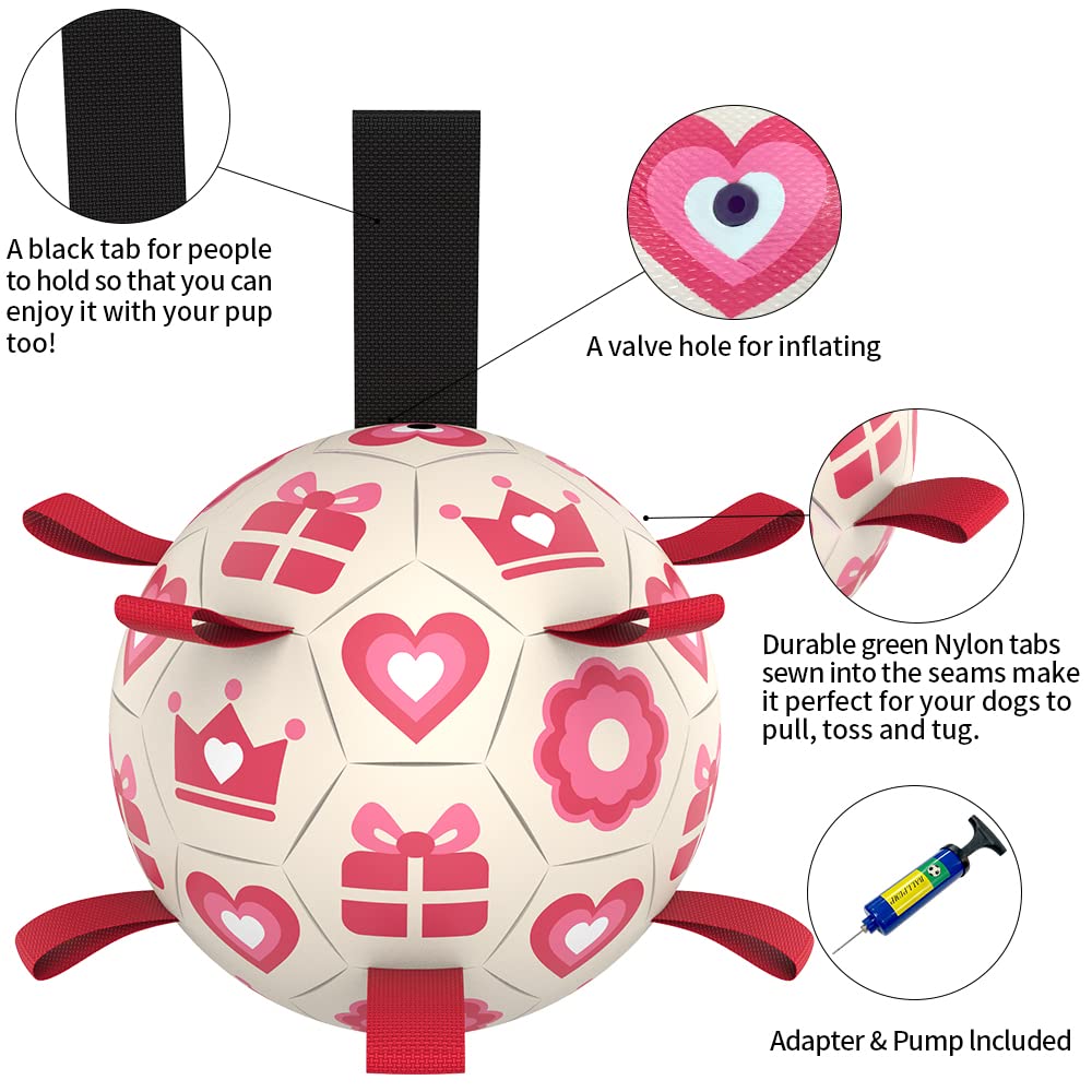 Qdan Pink Dog Toys Soccer Ball With Straps,Interactive Dog Toys For Tug Of War,Puppy Birthday Gifts,Dog Tug Toy,Dog Water Toy,Durable Dog Balls For Medium & Large Dogs(8 Inch)
