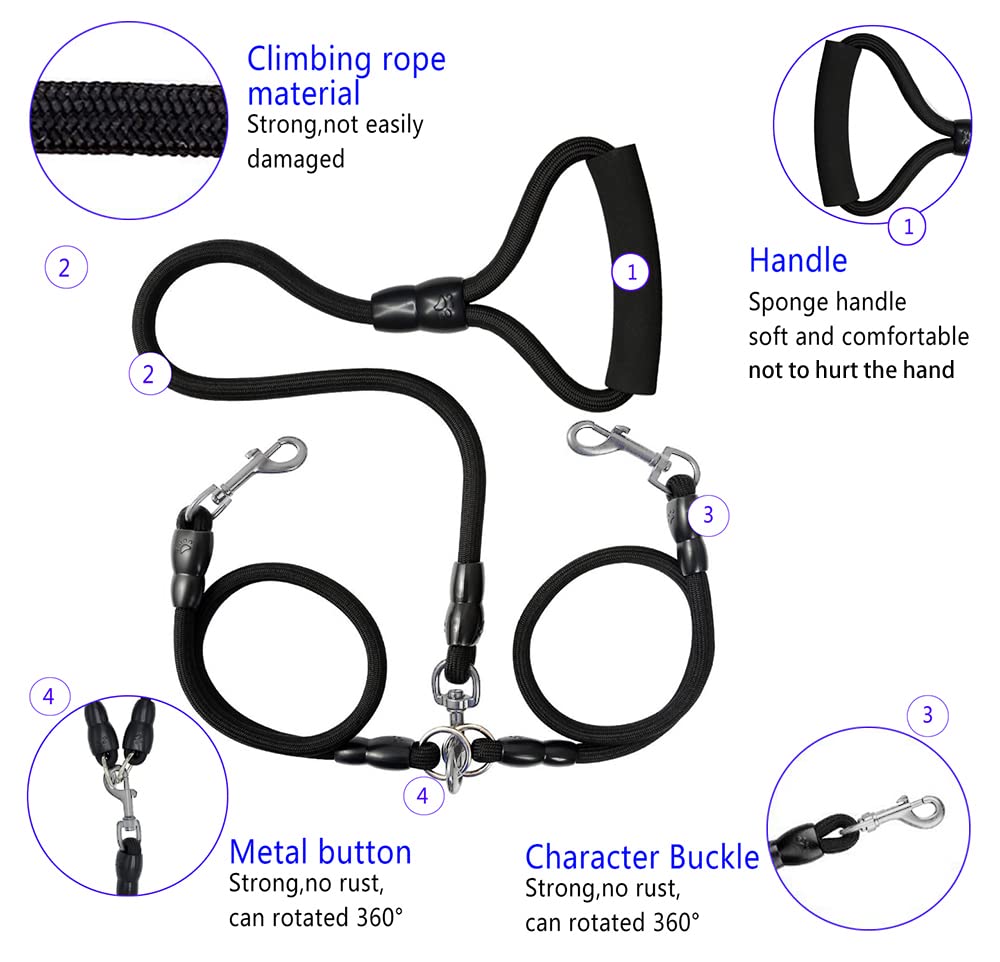 Double Dog Leash 3 Dog Leash Triple Dog Leash Heavy Duty Multiple Dog Leash For 2 Or 3 Dogs(6-40 Lbs),360°Swivel No Tangle,2-Way & 3-Way Interchangeable Dual Dog Leash With Hand-Protected Handle