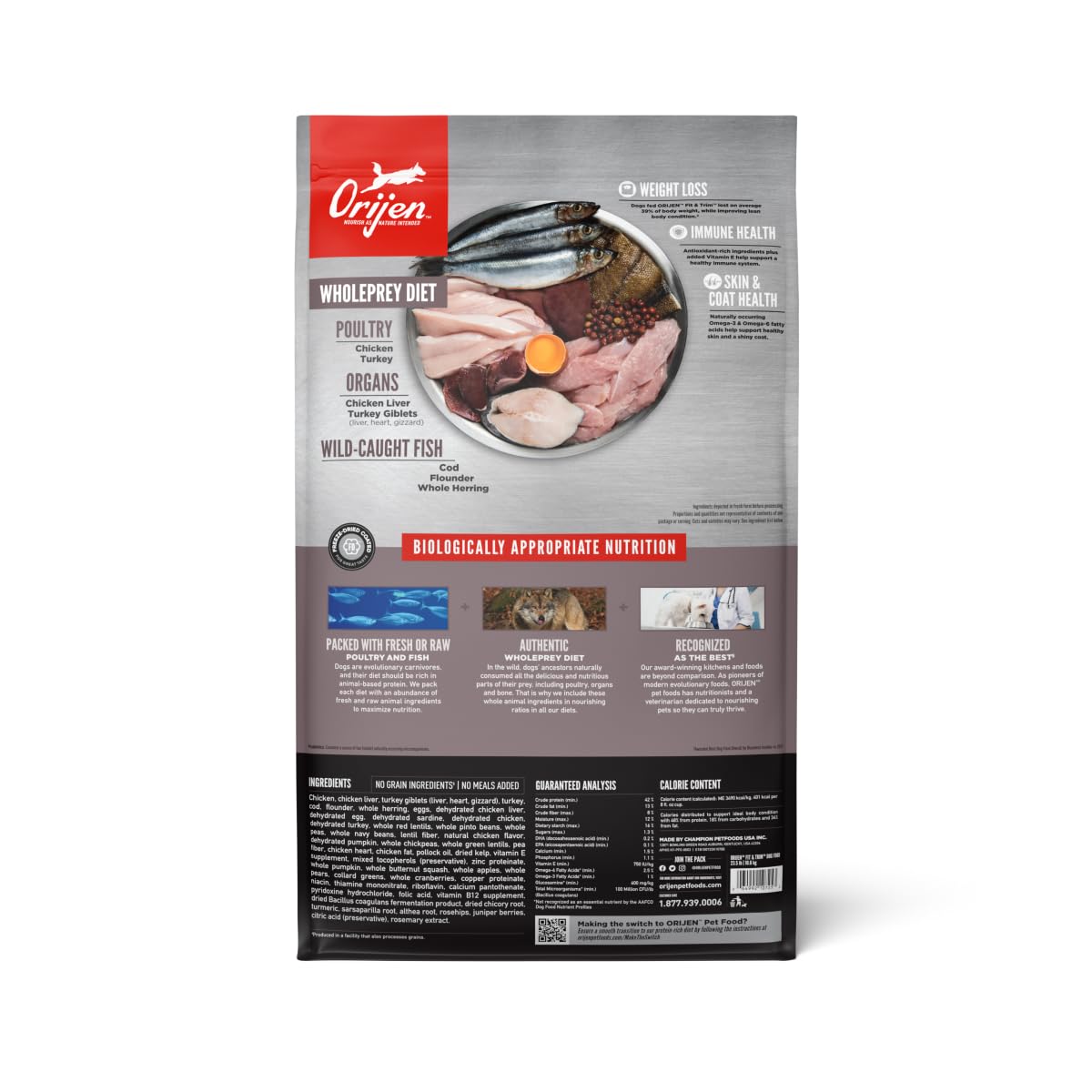 ORIJEN Fit & Trim Dry Dog Food, Grain Free, 25lb, Fresh Ingredients, Grey