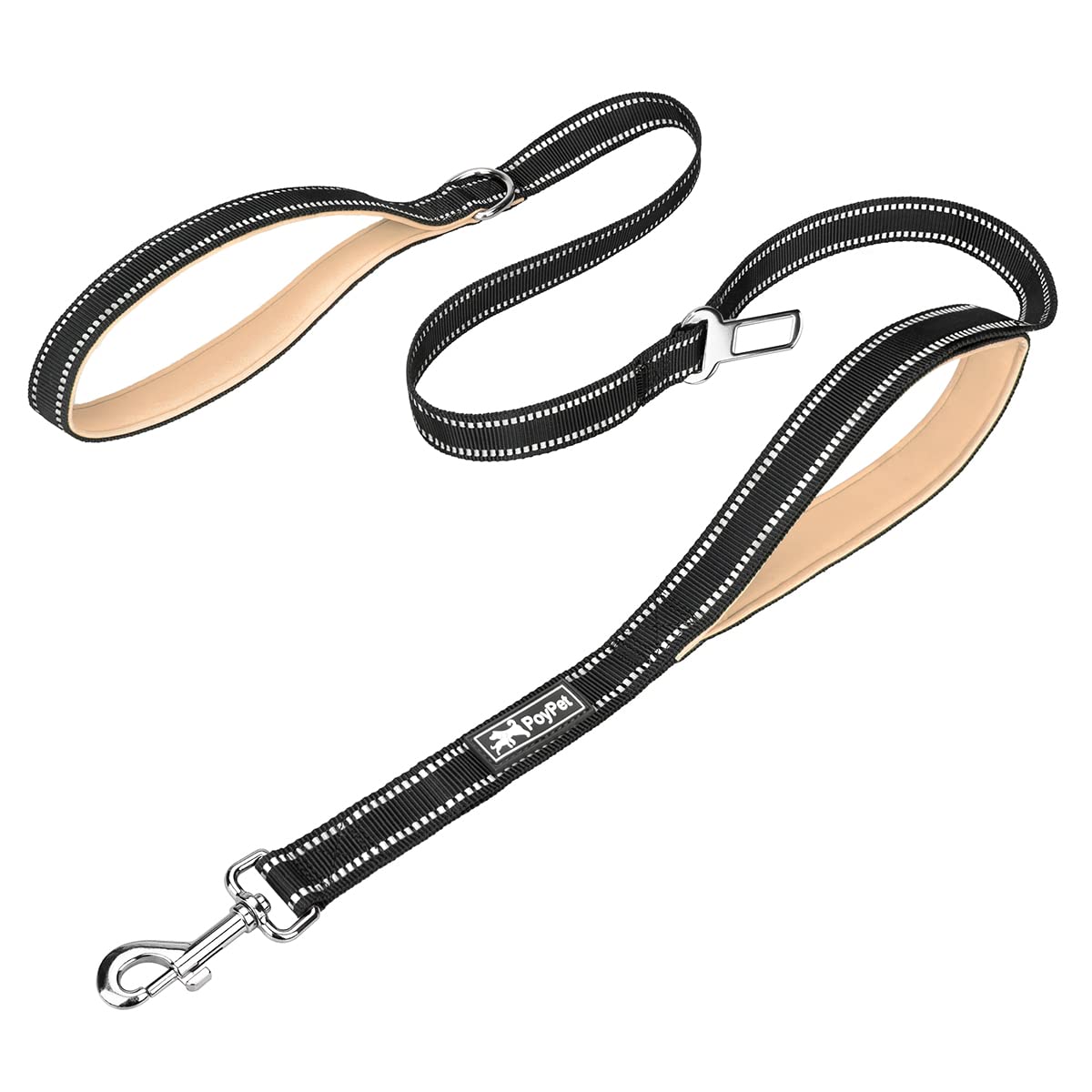 Poypet 5 Feet Dog Leash - Reflective - 2 Cushioned Handles - Functional Car Seat Belt (Khaki)