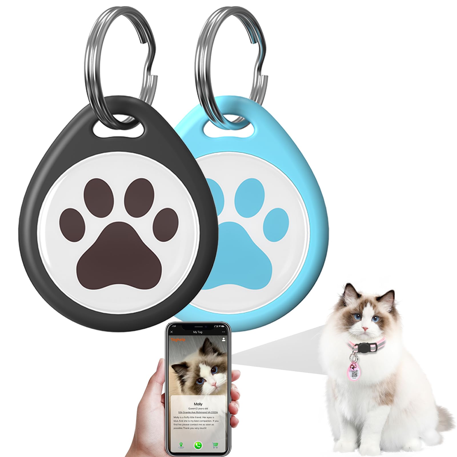 Taghelp 2 Pack Silent Abs Cat Id Tag, Personalized Colored Cat Dog Name Tag, Customized Nameplate, Quiet Chew-Proof Pet Collar T