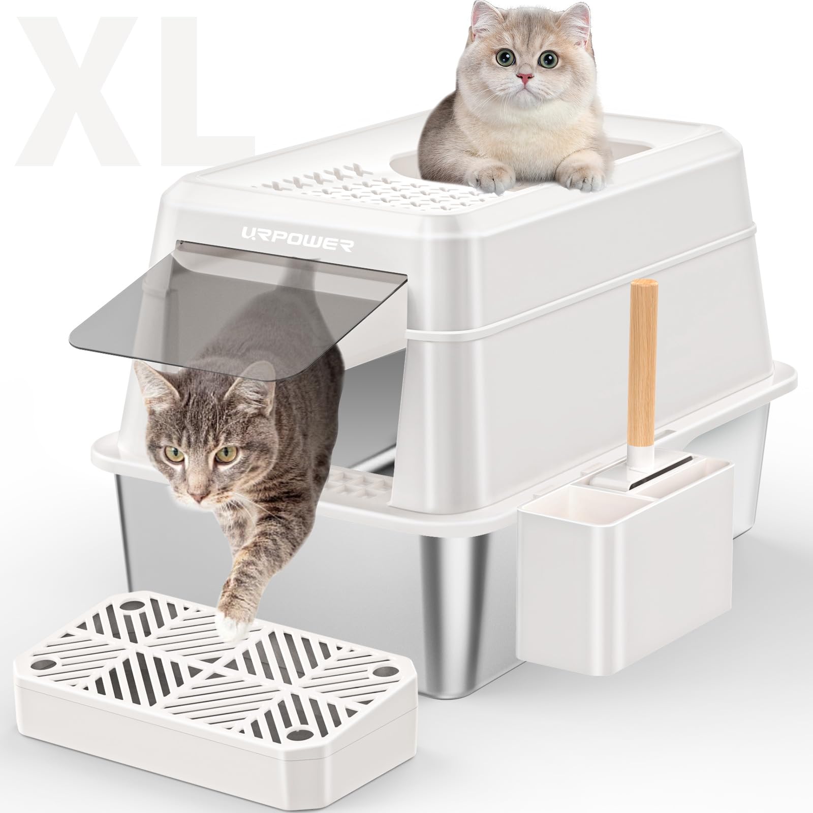 URPOWER Stainless Steel Cat Litter Box with Lid Extra Large Enclosed Litter Box for Cats Non-Sticky Metal Pan with High Sided En