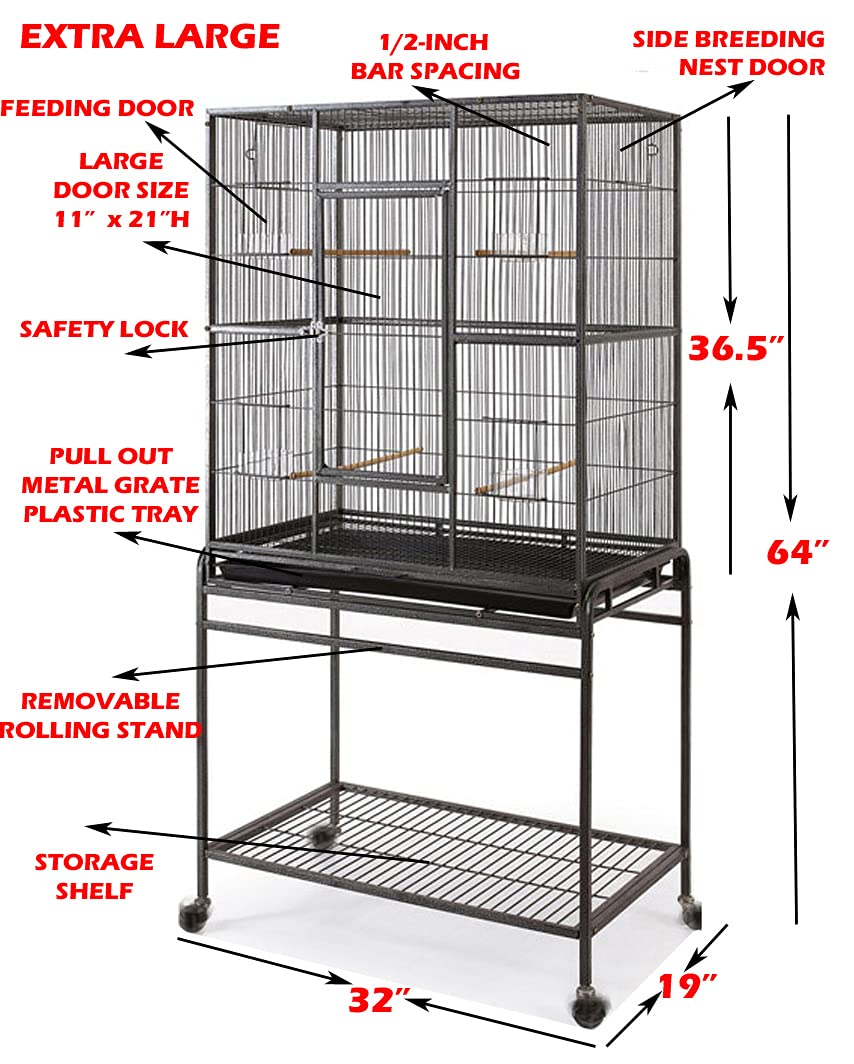 64' Extra Large Tight 1/2-Inch Bar Spacing Wrought Iron Flight Canary Parakeet Cockatiel Lovebird Finch Home Cage Side Nesting Box Doors With Removable Rolling Stand