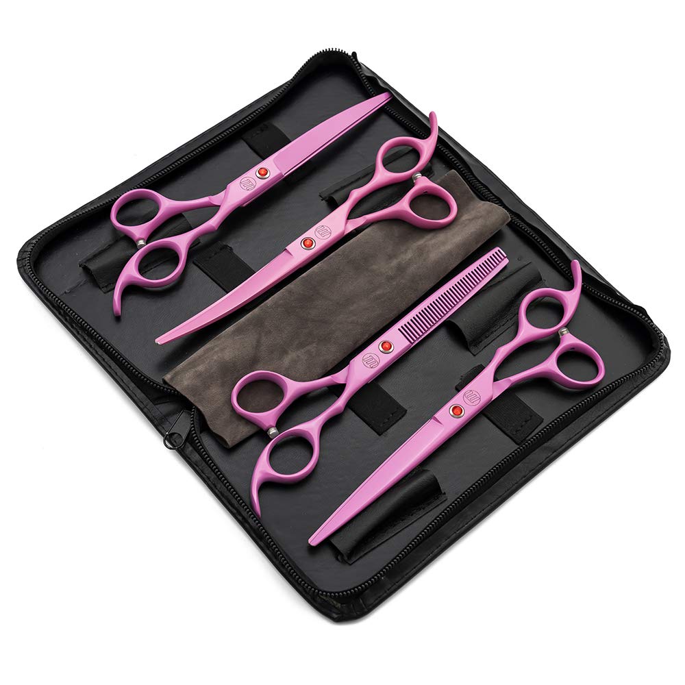 Moontay Professional 7.0' Dog Grooming Scissors Set, 4-Pieces Straight, Upward Curved, Downward Curved, Thinning/Blending Shears For Dog, Cat And Pets, Jp Stainless Steel, Pink