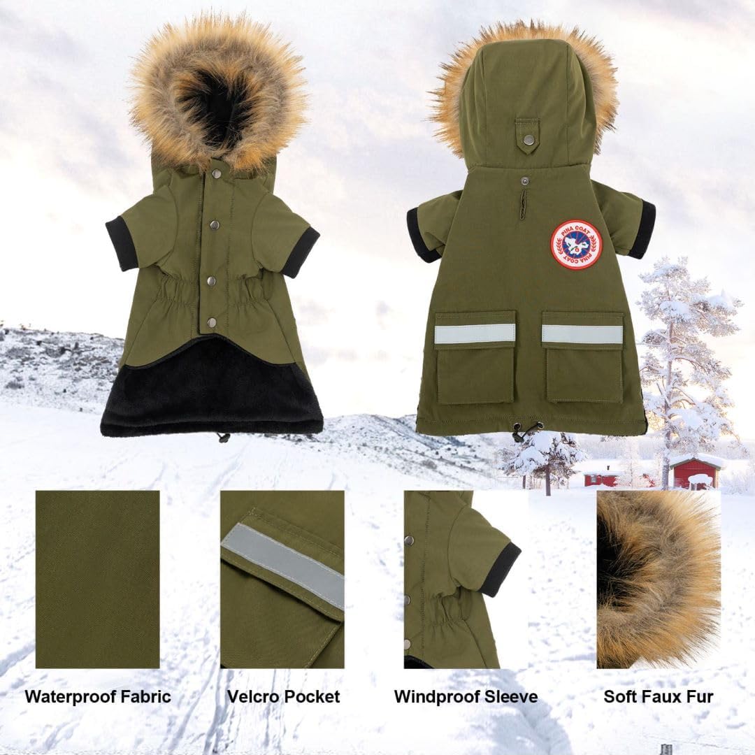 PINA Small Dog Coats - Waterproof & Windproof, Reflective Dog Jacket with Pocket, Warm Flannel Lining & Faux Fur Hood for Cold W