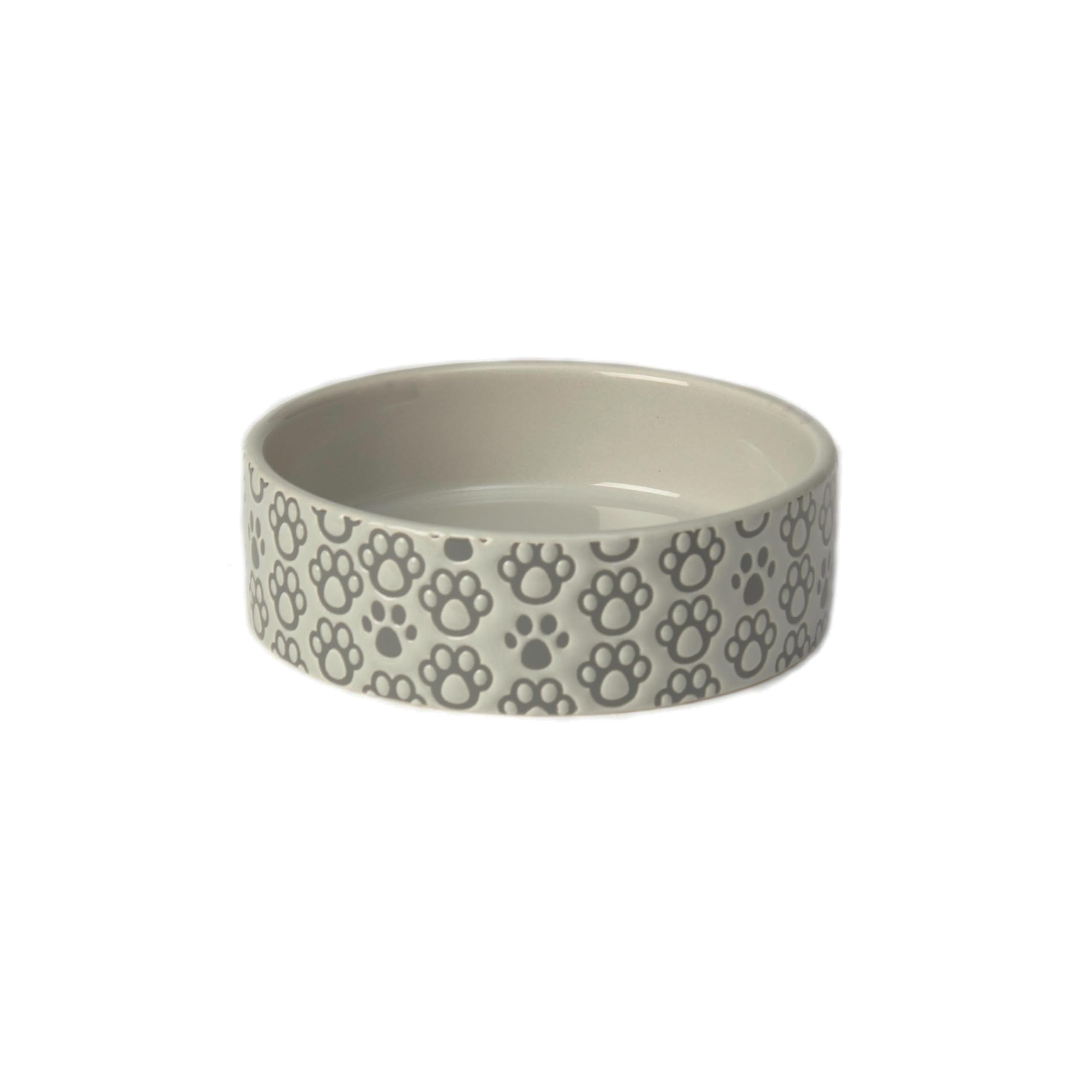 PetRageous 18428 Paws Shallow Round Stoneware Dog Bowl 5-Inch Width and 1.5-Inch Height 1.5-Cups Capacity, Grey