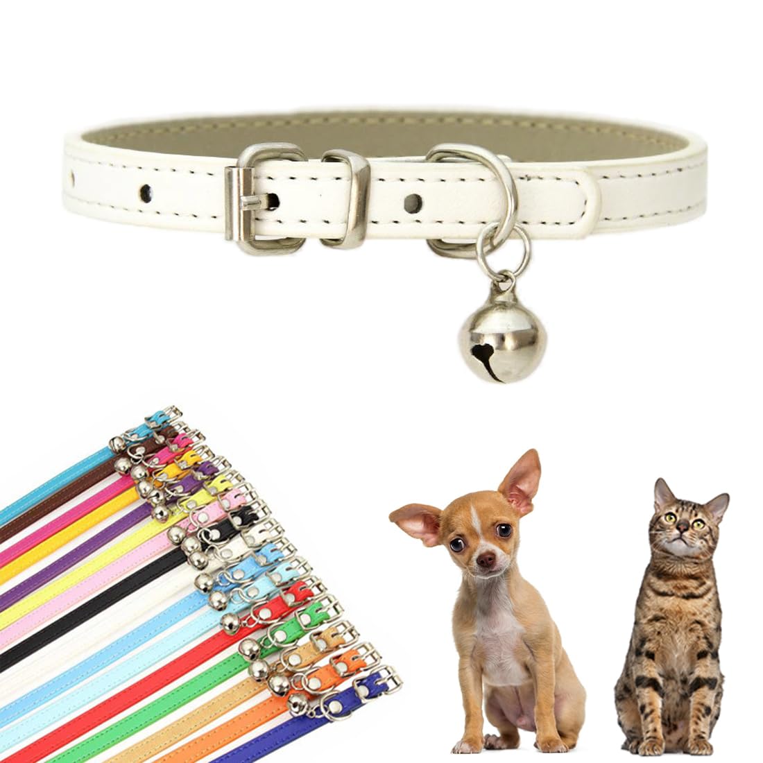 White Small Dog Collar with Bells, Faux Leather Puppy Collar with Bells Pu Basic Girl Dog Collars for XXS XSmall Small Medium Pe