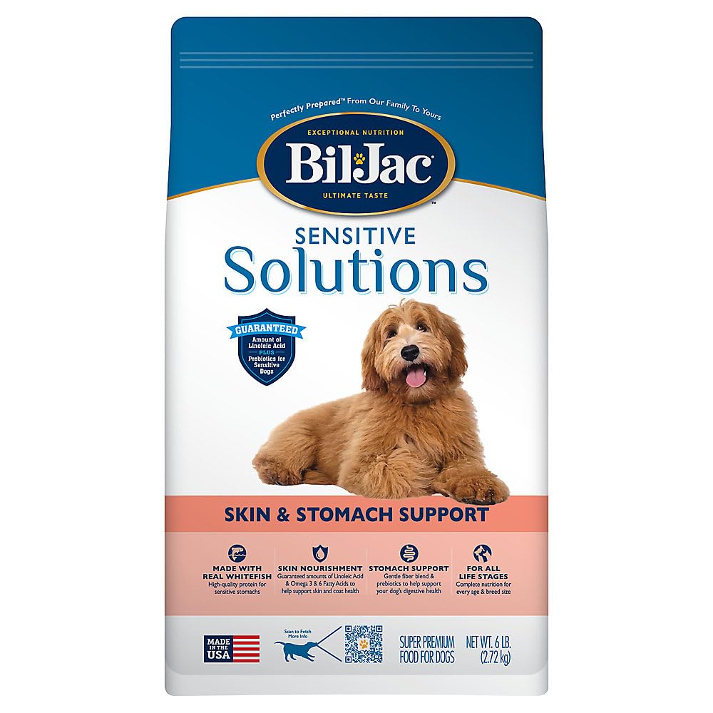 Bil-Jac Sensitive Stomach Dog Food Dry 6 lb Bag - Sensitive Solutions Formula with Whitefish - Small or Large Breed - Super Prem