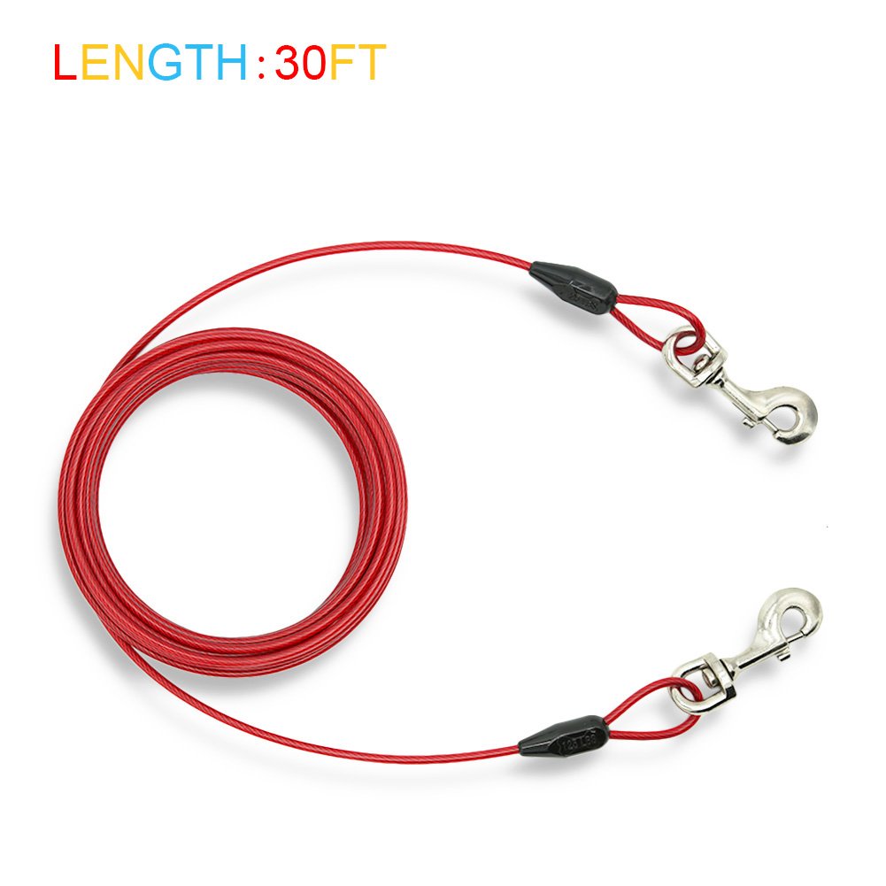 Petest 30ft Tie-Out Cable with Crimp Cover for Heavy Dogs Up to 125 Pounds Black & Red