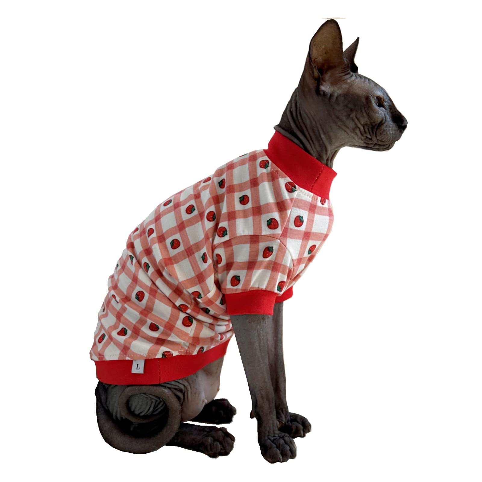 Sphynx Hairless Cat Cute Summer Cotton T-Shirts Pet Clothes,Round Collar Kitten Shirts Cats Apparel (Checkered Strawberry, Mediu
