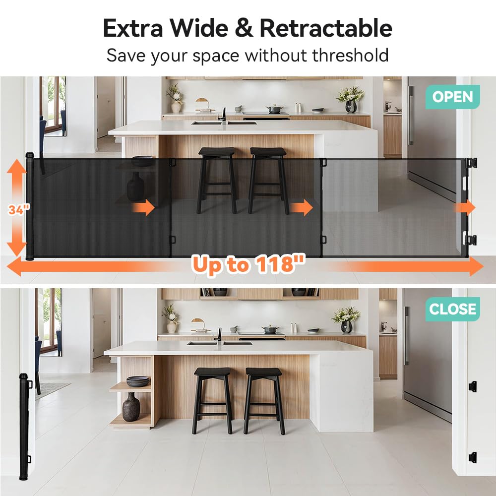 COMOMY 118'' Retractable Baby Gates Extra Wide, Retractable Dog Gate for Large Openings, Extra Long Dog Gates for The House, Ext