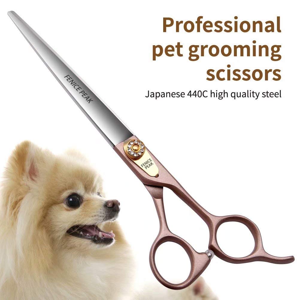 Fenice Peak 8'' Dog Straight Scissors For Grooming 440C Stainless Steel Rose Gold Professional Pet Trimming Scissors Sharp Blade